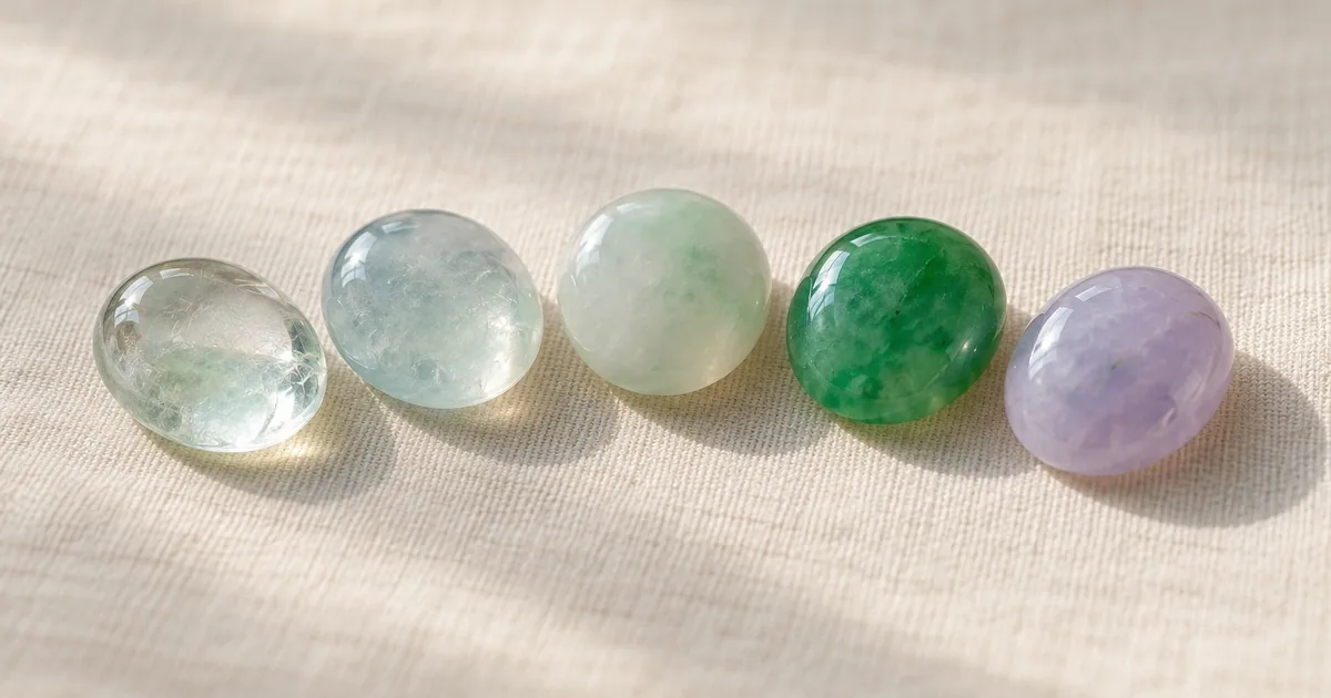 Five polished jadeite cabochons ranging from glassy and icy to milky, vivid green and lavender