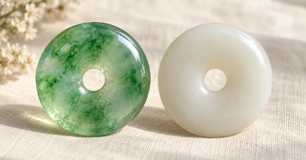 Green jadeite disc beside a creamy white nephrite (Hetian jade) disc, showing glassy vs oily luster
