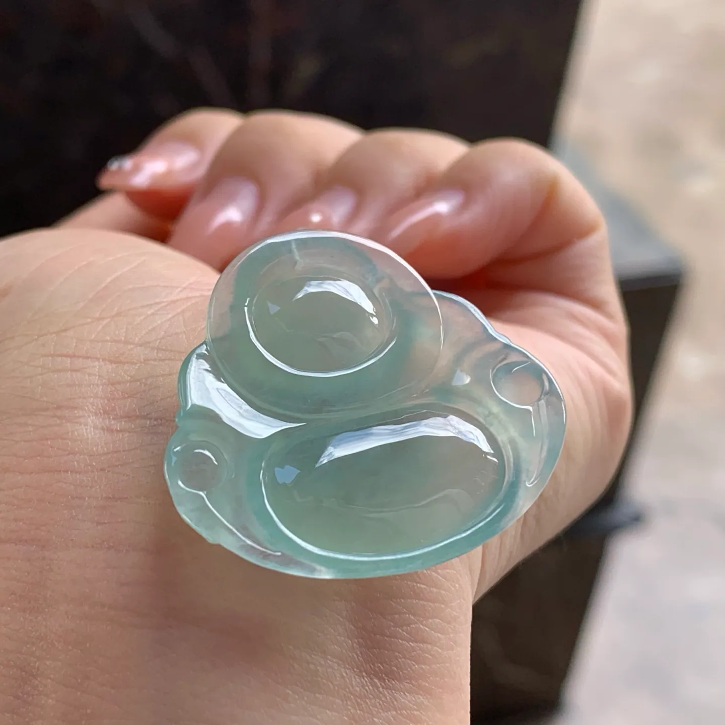 Type A Jadeite Laughing Buddha Pendant, Icy Blue-Green, 36mm (6)