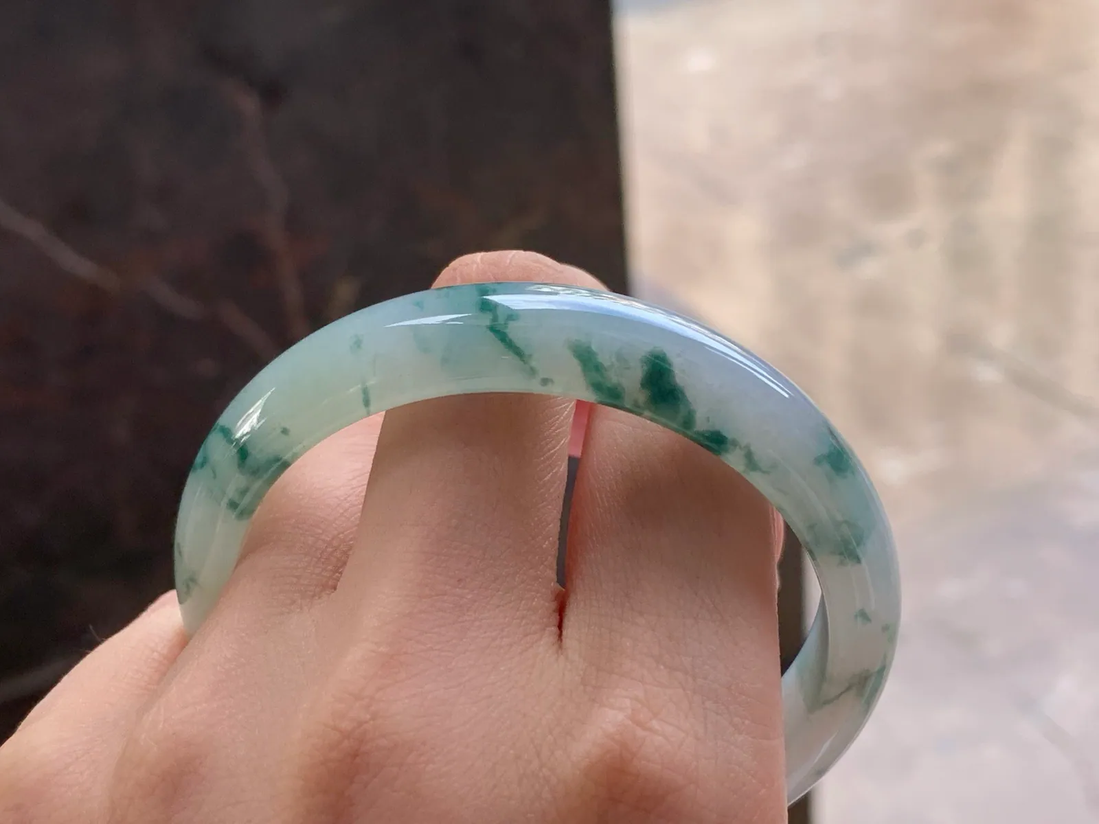 Natural Type A Jadeite Bangle, Floating Green Flowers, 57mm (8)