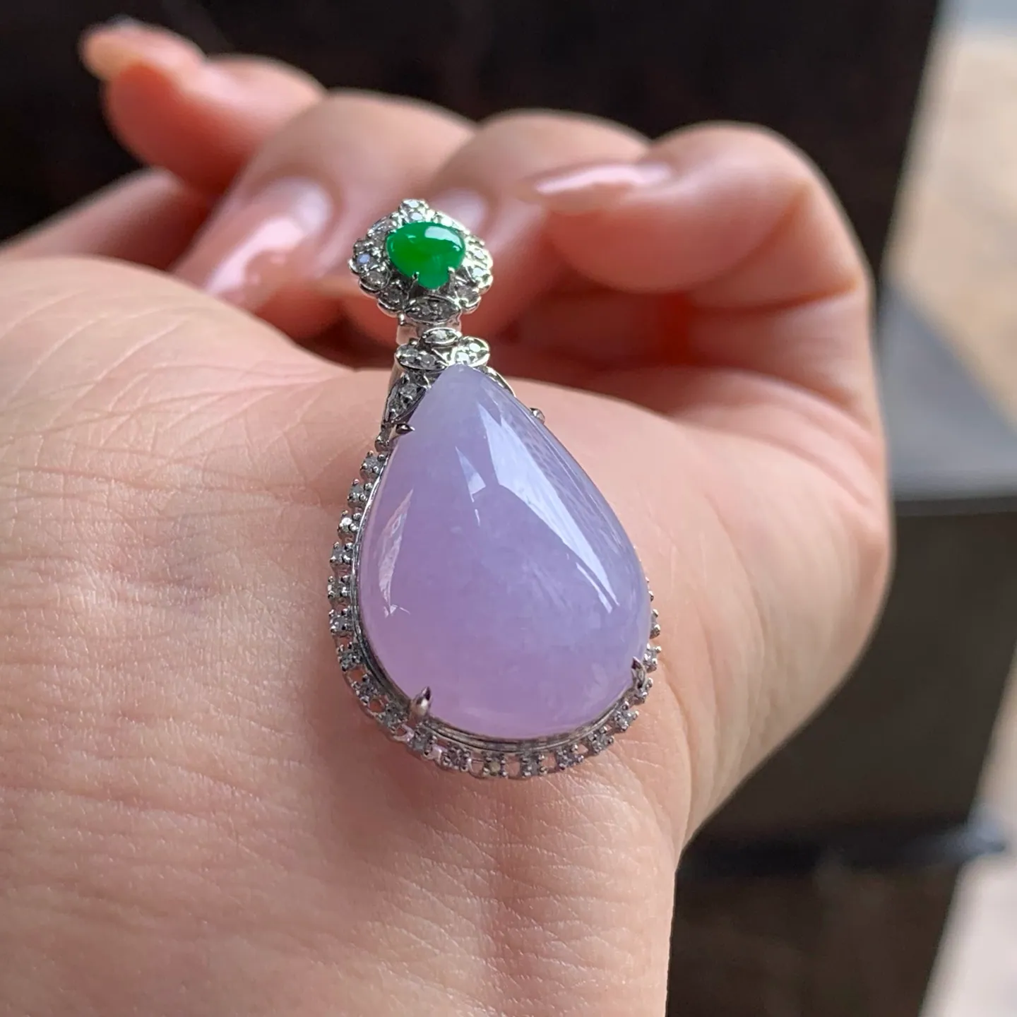 Type A Jadeite Teardrop Pendant, Lavender, Gold Set