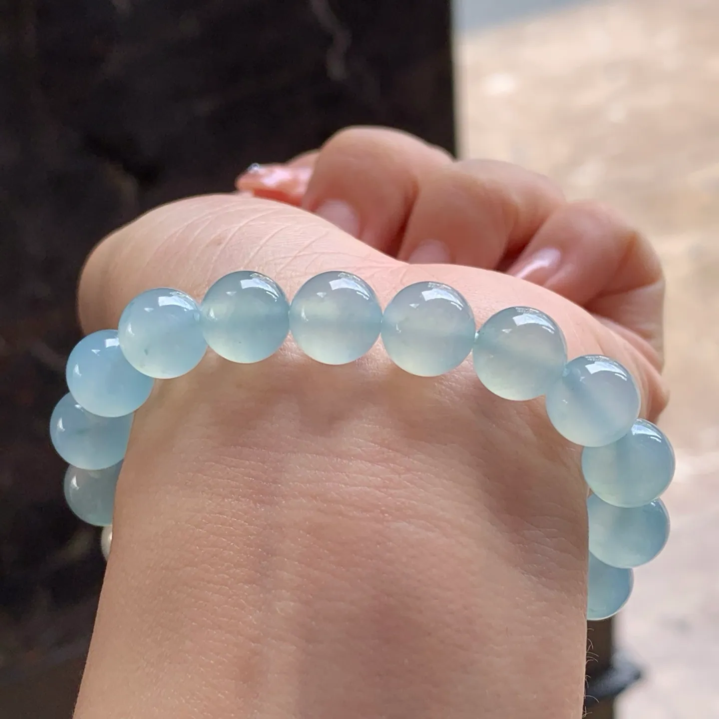 Type A Jadeite Bead Bracelet, Icy Blue Water, 9.8mm (6)