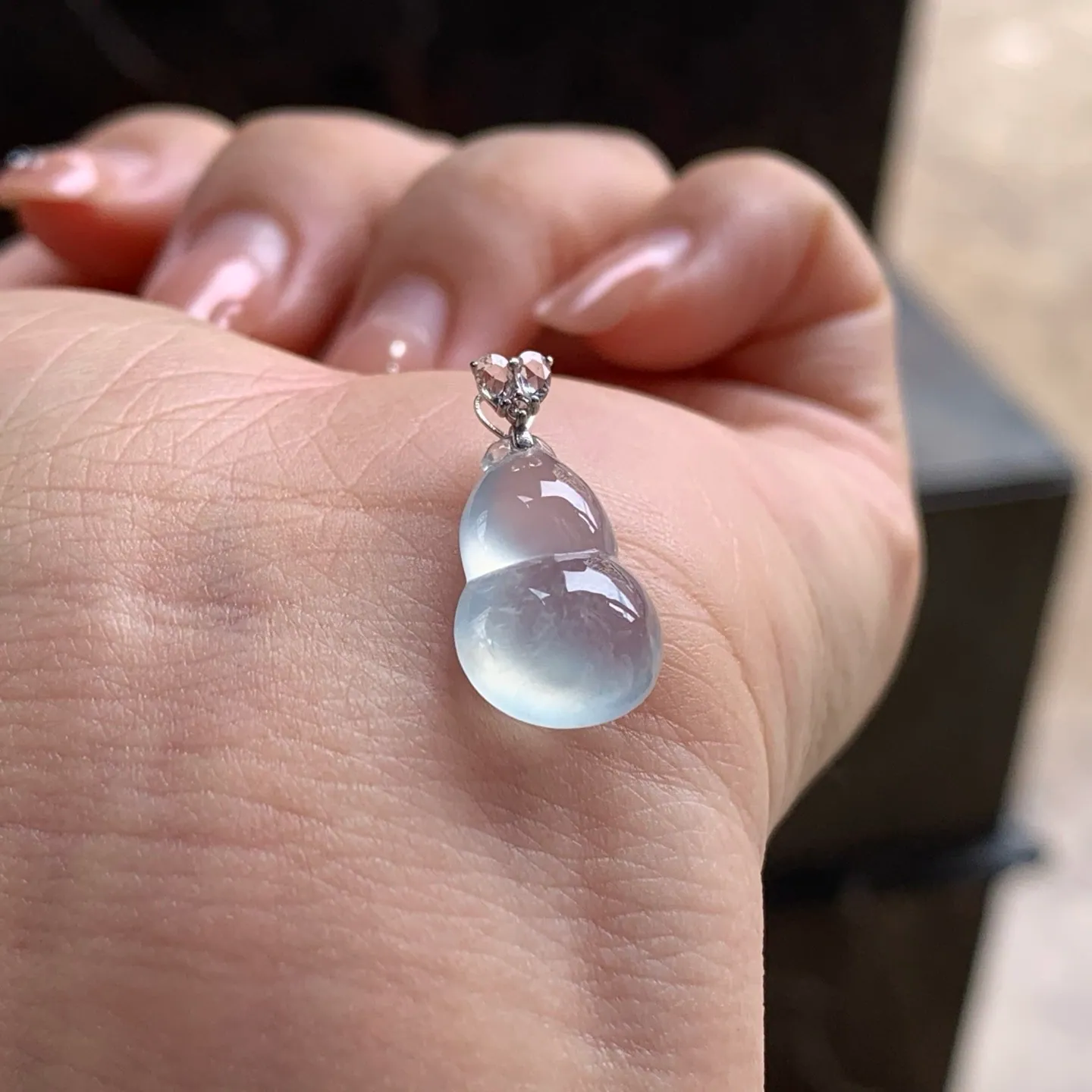 Type A Jadeite Gourd Pendant, Icy Clear, Gold Bail, 16mm