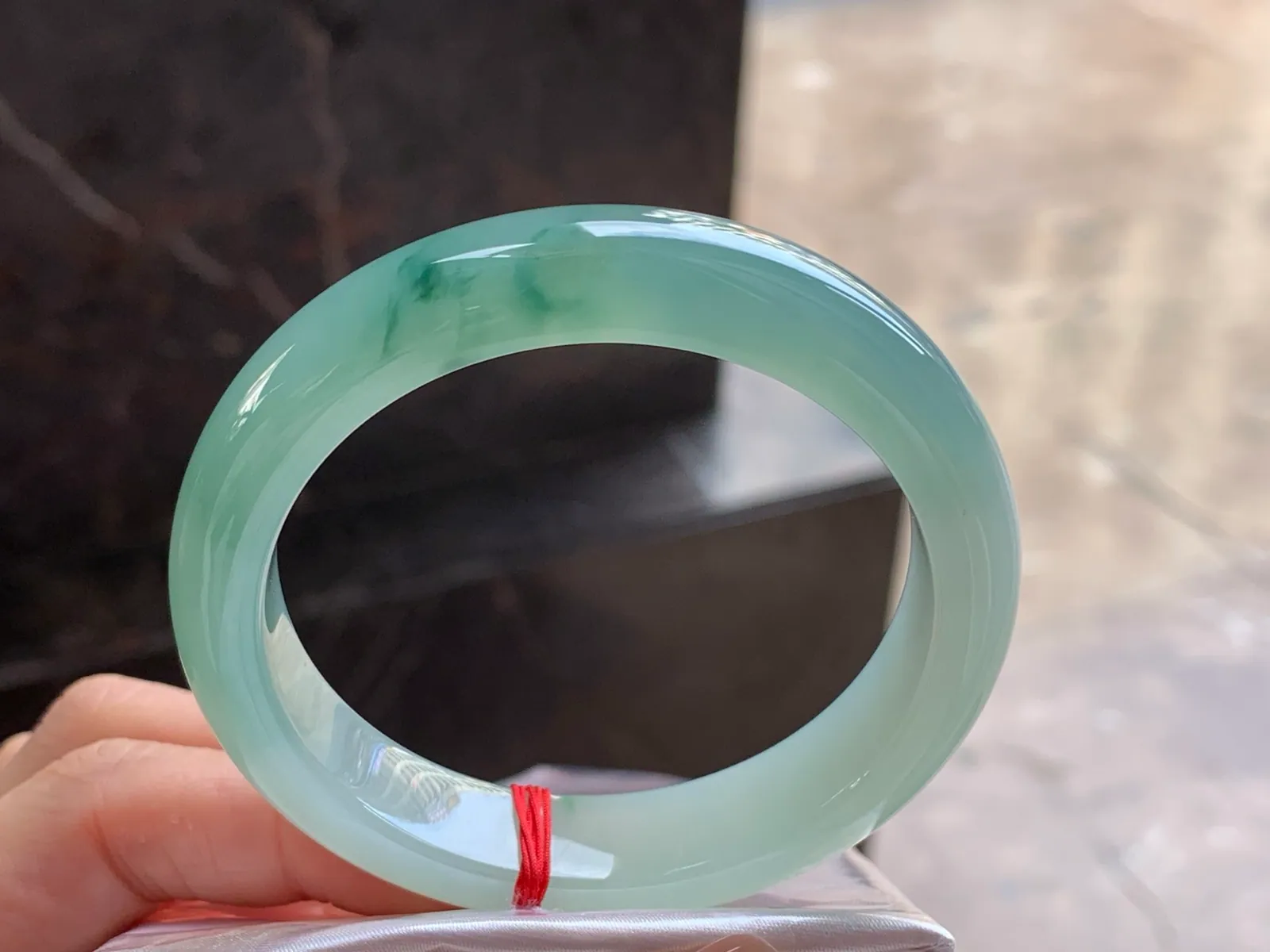 Type A Jadeite Flat Bangle, Icy-Glutinous Green Flower, 54mm