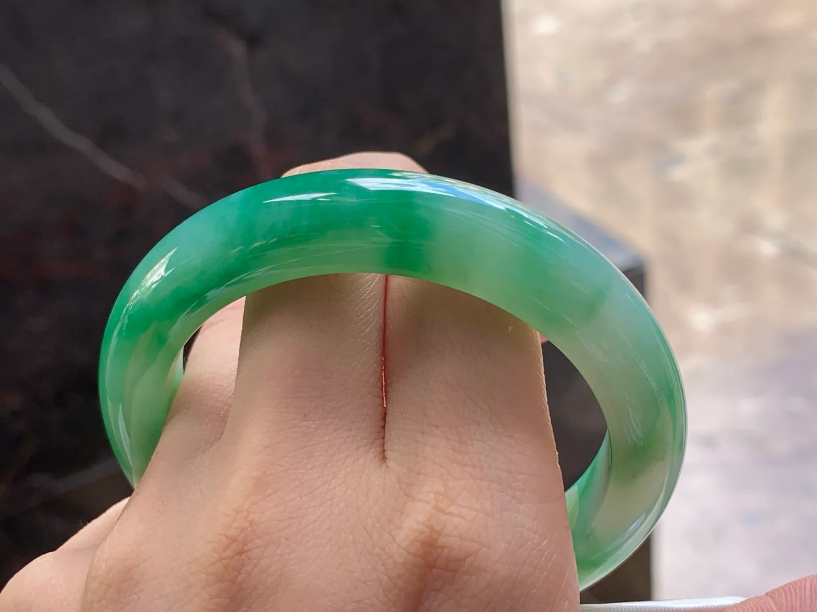 Type A Jadeite Flat Bangle, Green Flower, 57.5mm (10)