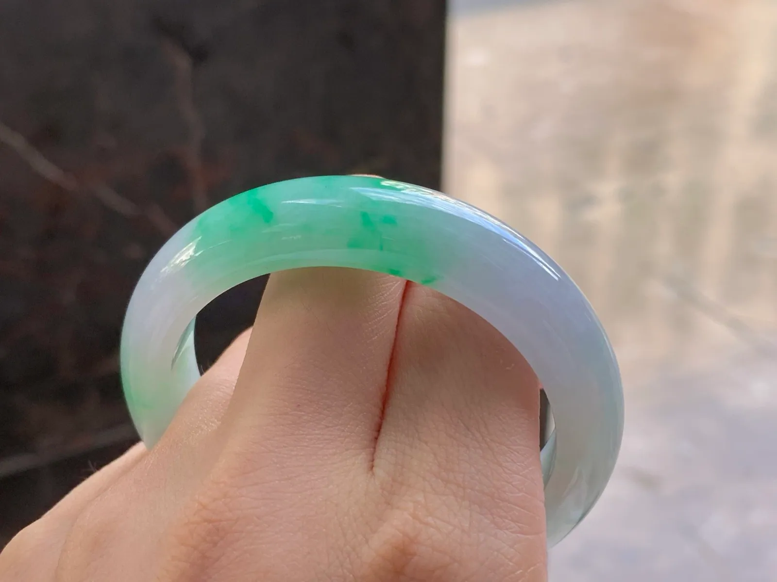 Type A Jadeite Flat Bangle, Glutinous White & Green, 51.4mm (9)