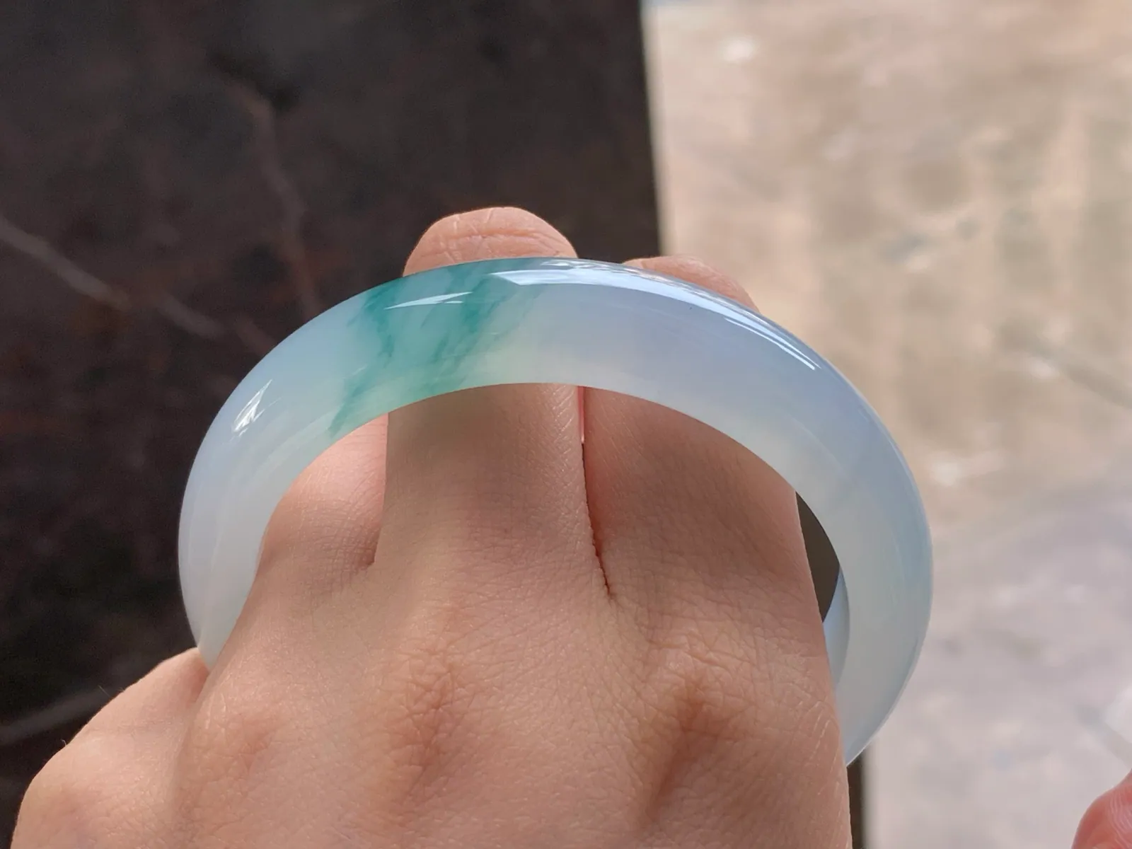 Type A Jadeite Flat Bangle, Blue-Green Flower, 57mm (10)