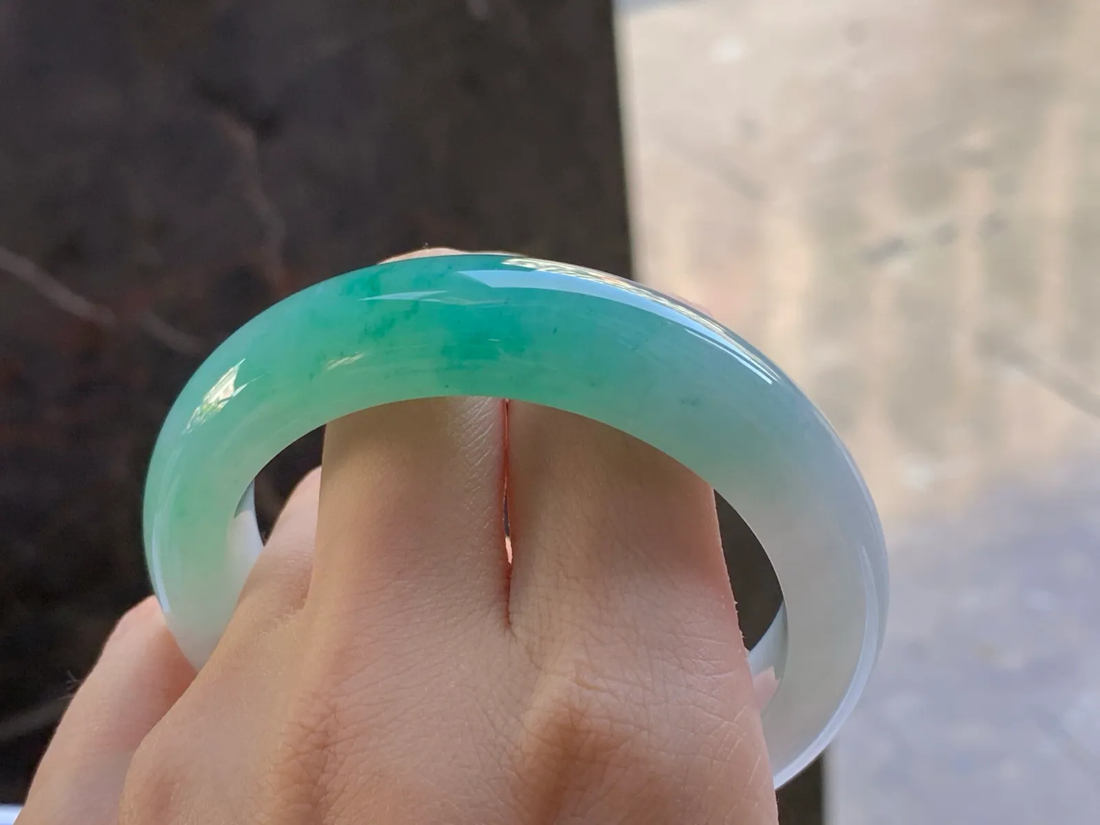 Type A Jadeite Flat Bangle, Blue-Green Band, 55.6mm (9)