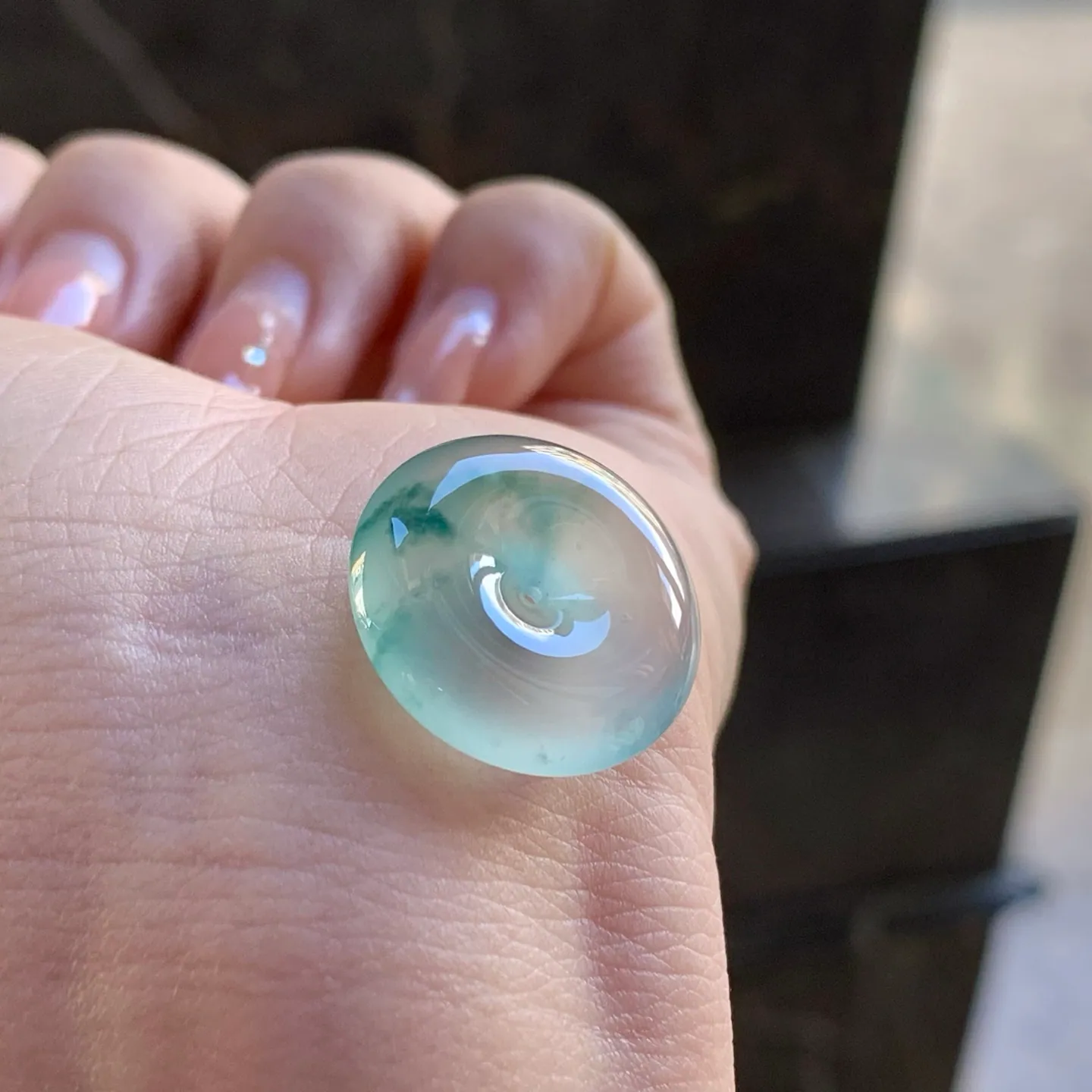 Type A Jadeite Safety Coin Pendant, Icy Blue Flower, 19.8mm (5)