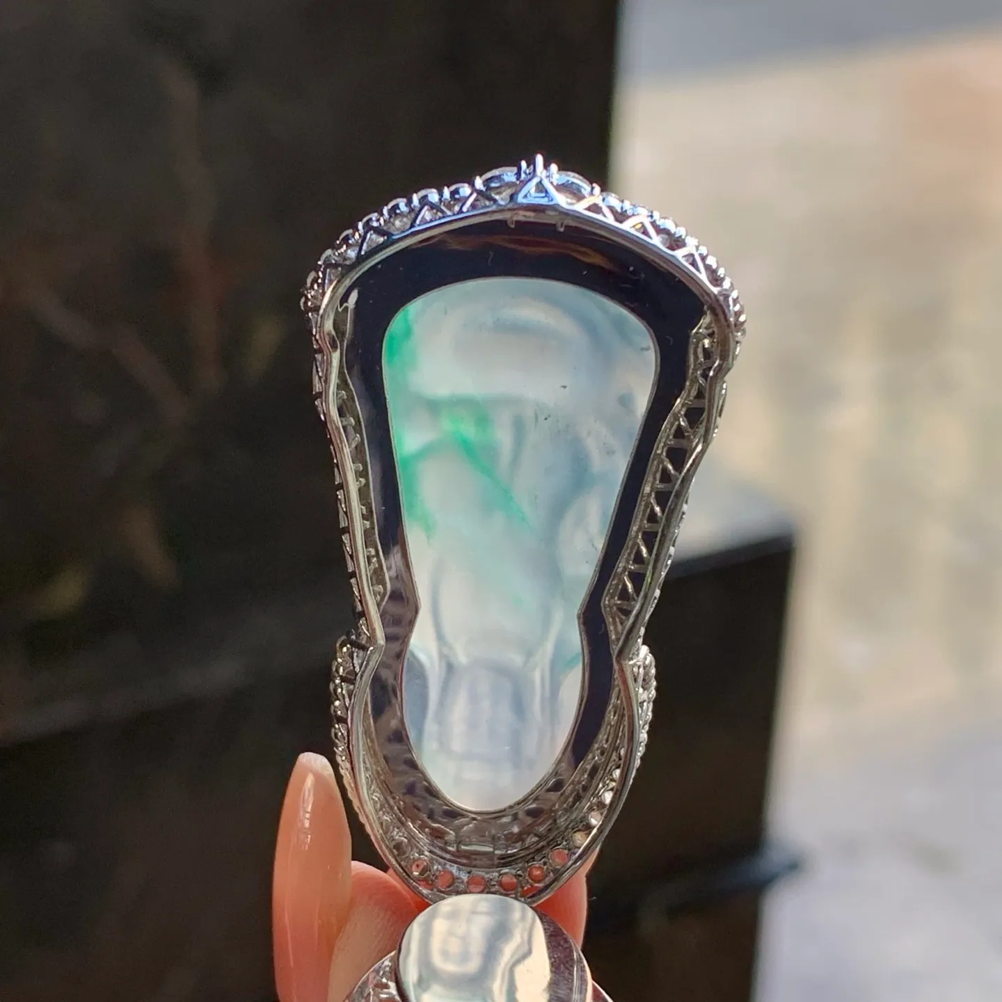 Type A Jadeite Guanyin Pendant, Icy Green Flower, 18K Gold (6)