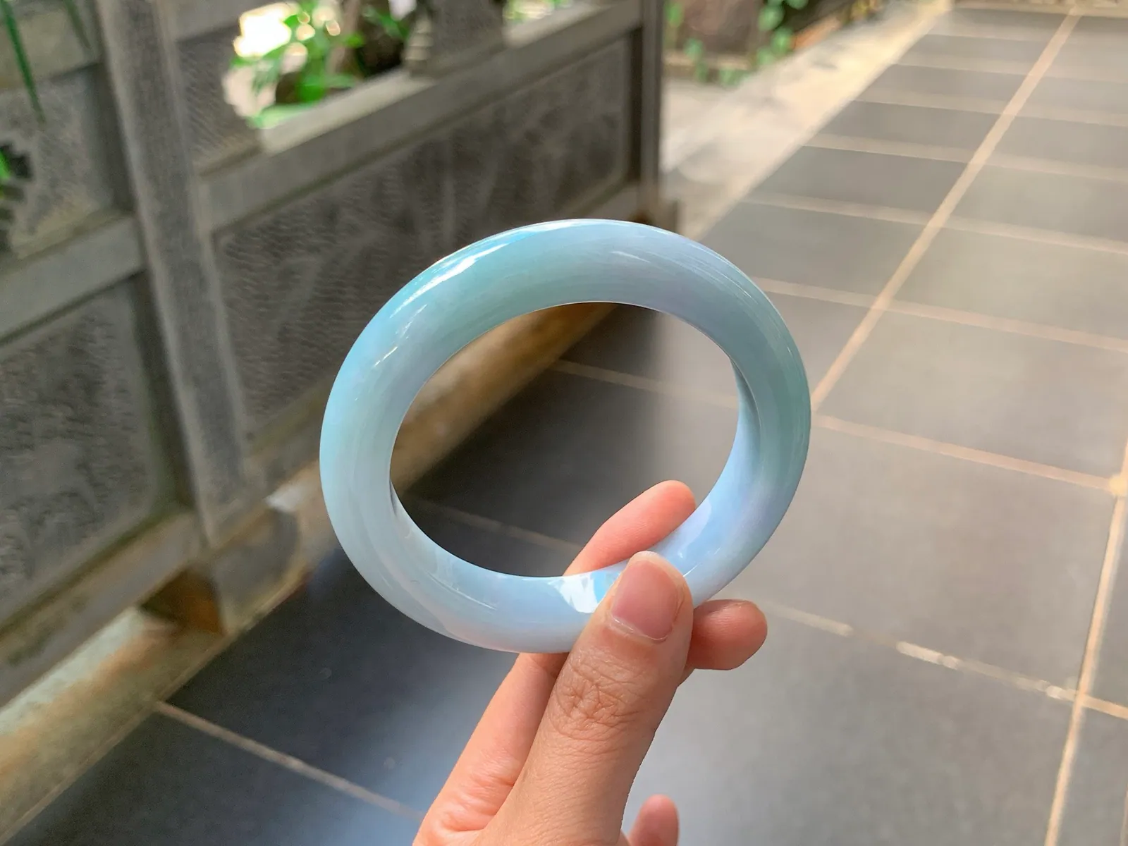 Type A Jadeite Round Bangle, Icy-Glutinous Misty Blue, 60mm