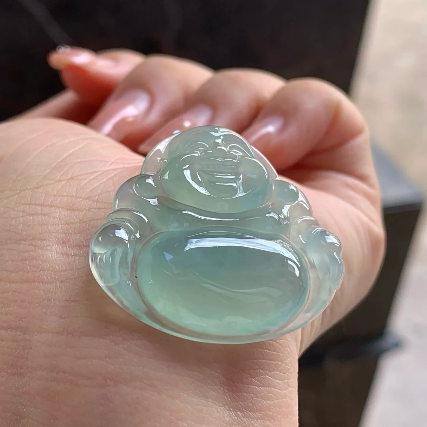 Type A Jadeite Laughing Buddha Pendant, Icy Blue-Green, 36mm (4)