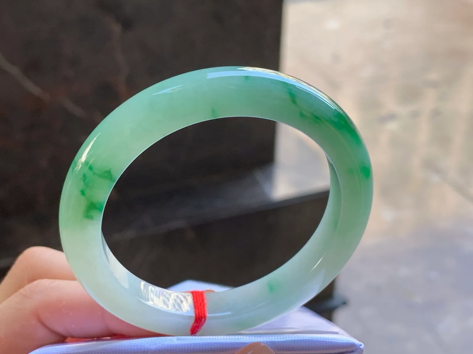Type A Jadeite Flat Bangle, Icy-Glutinous Green Flower, 54mm (3)