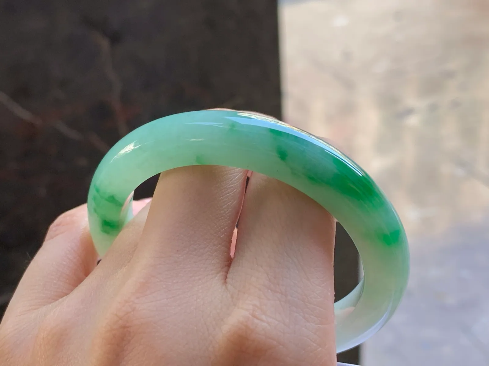 Type A Jadeite Flat Bangle, Icy-Glutinous Green Flower, 54mm (10)