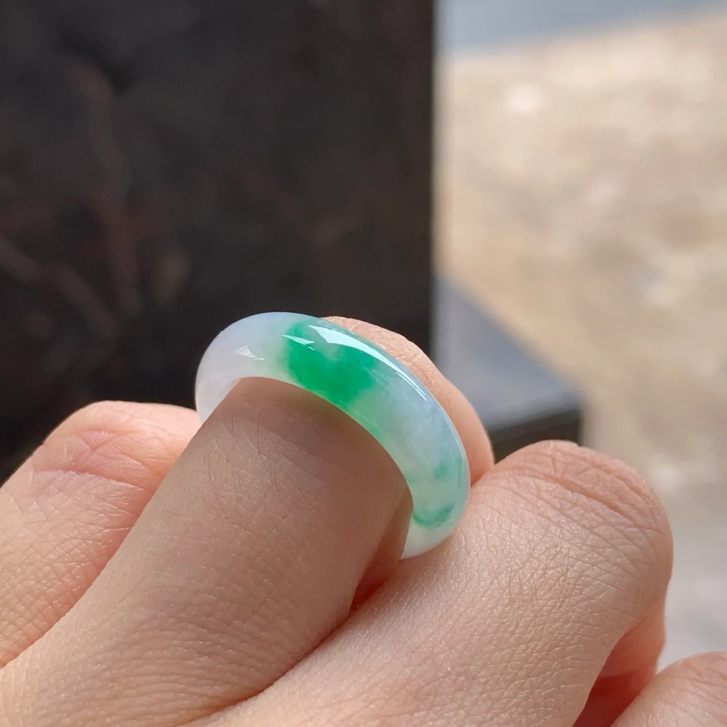 Type A Jadeite Band Ring, Icy Green Flower, 17.1mm (6)