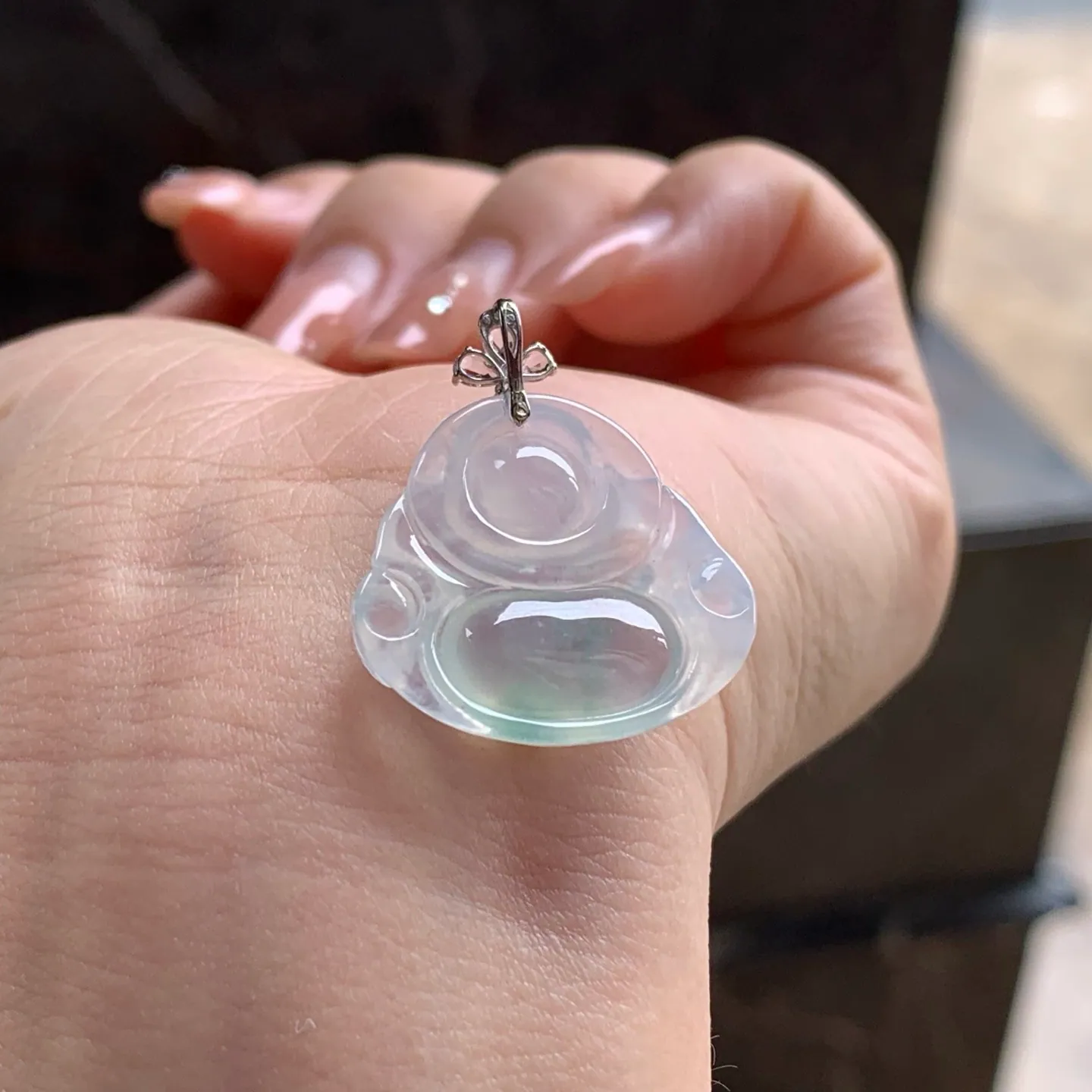 Type A Jadeite Buddha Pendant, Icy Floating Flower, 18K Bail (6)