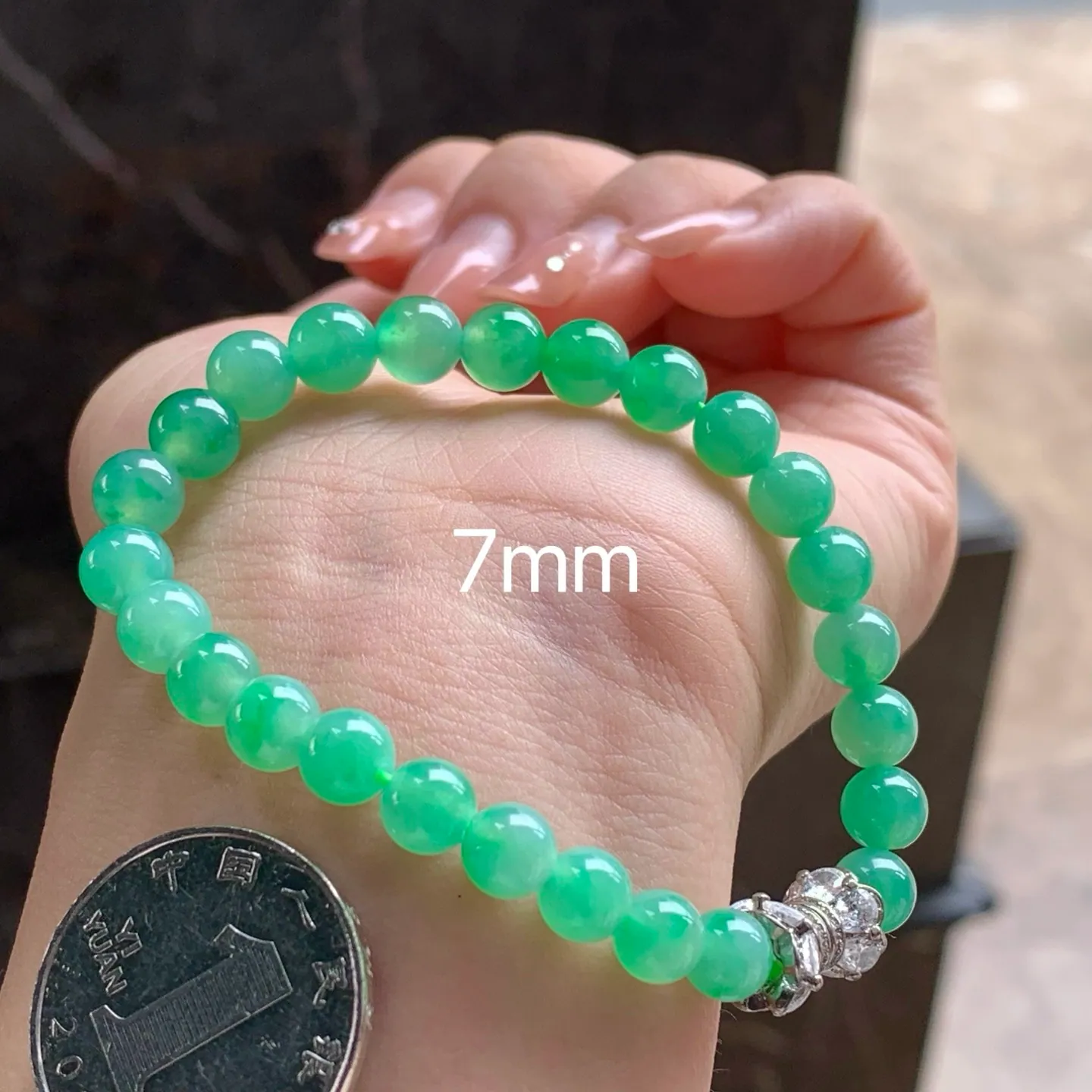 Type A Jadeite Bead Bracelet, Icy Apple Green, 7mm