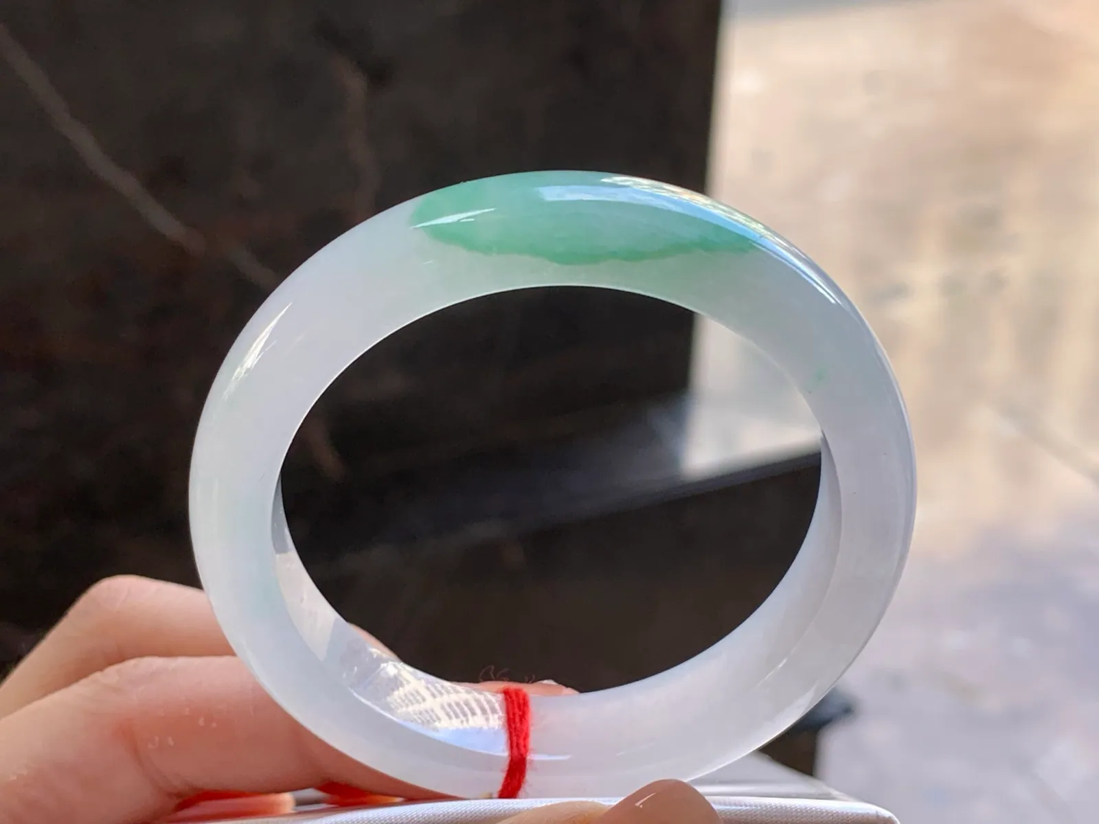 Type A Jadeite Flat Bangle, White & Green, 52.5mm