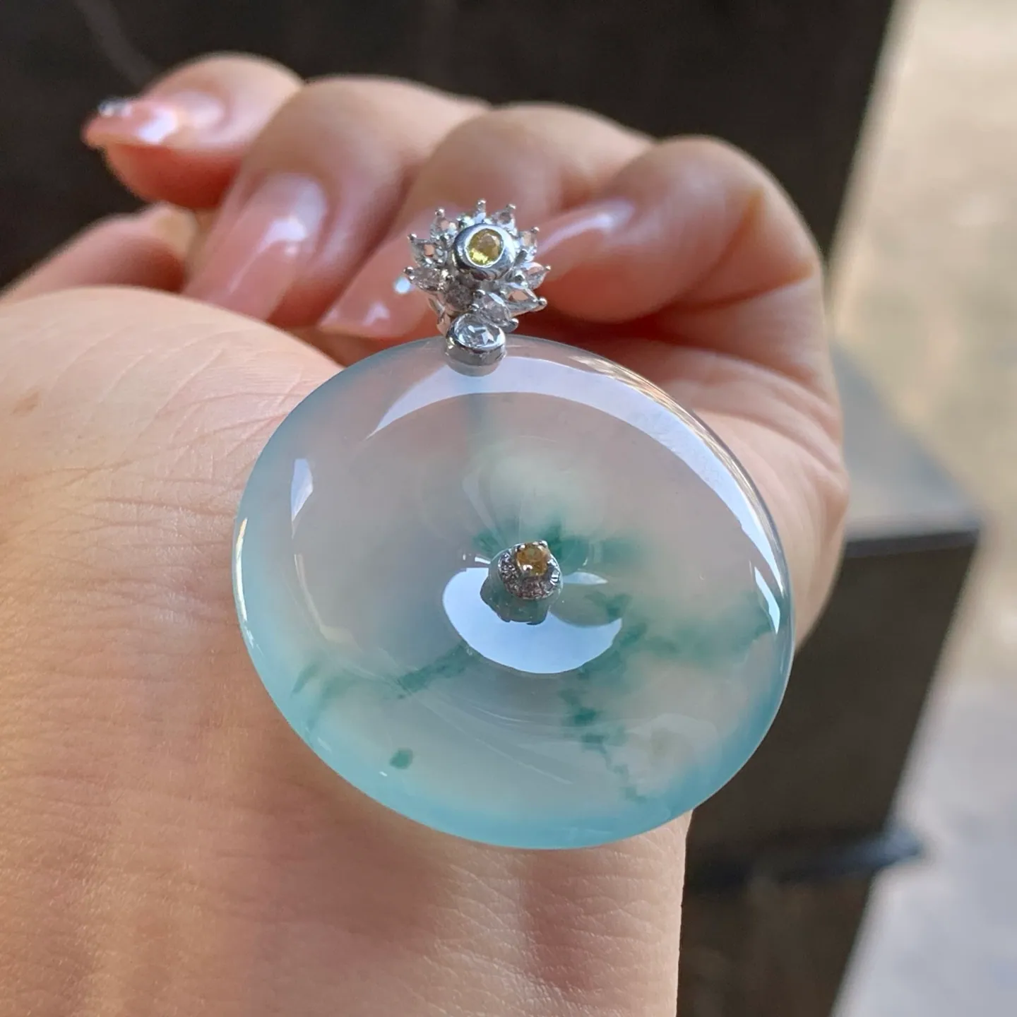 Type A Jadeite Safety Coin Pendant, Icy Flower, Gold Bail