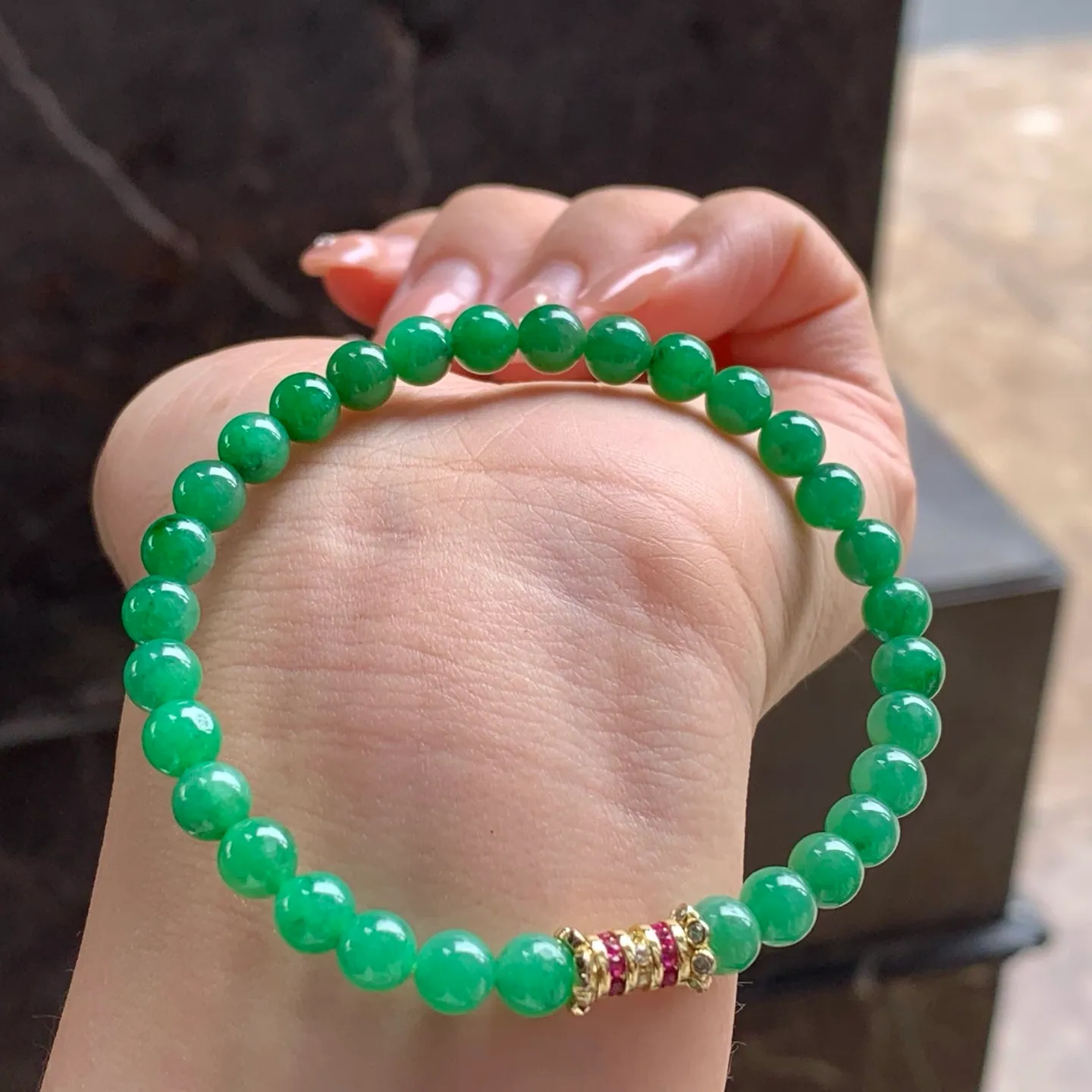 Type A Jadeite Bead Bracelet, Full Bright Green, 5.9mm (3)
