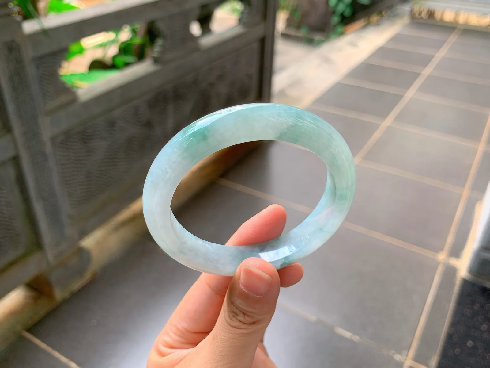 Type A Jadeite Ping'an Bangle, Icy Blue-Green Flower, 56mm (4)