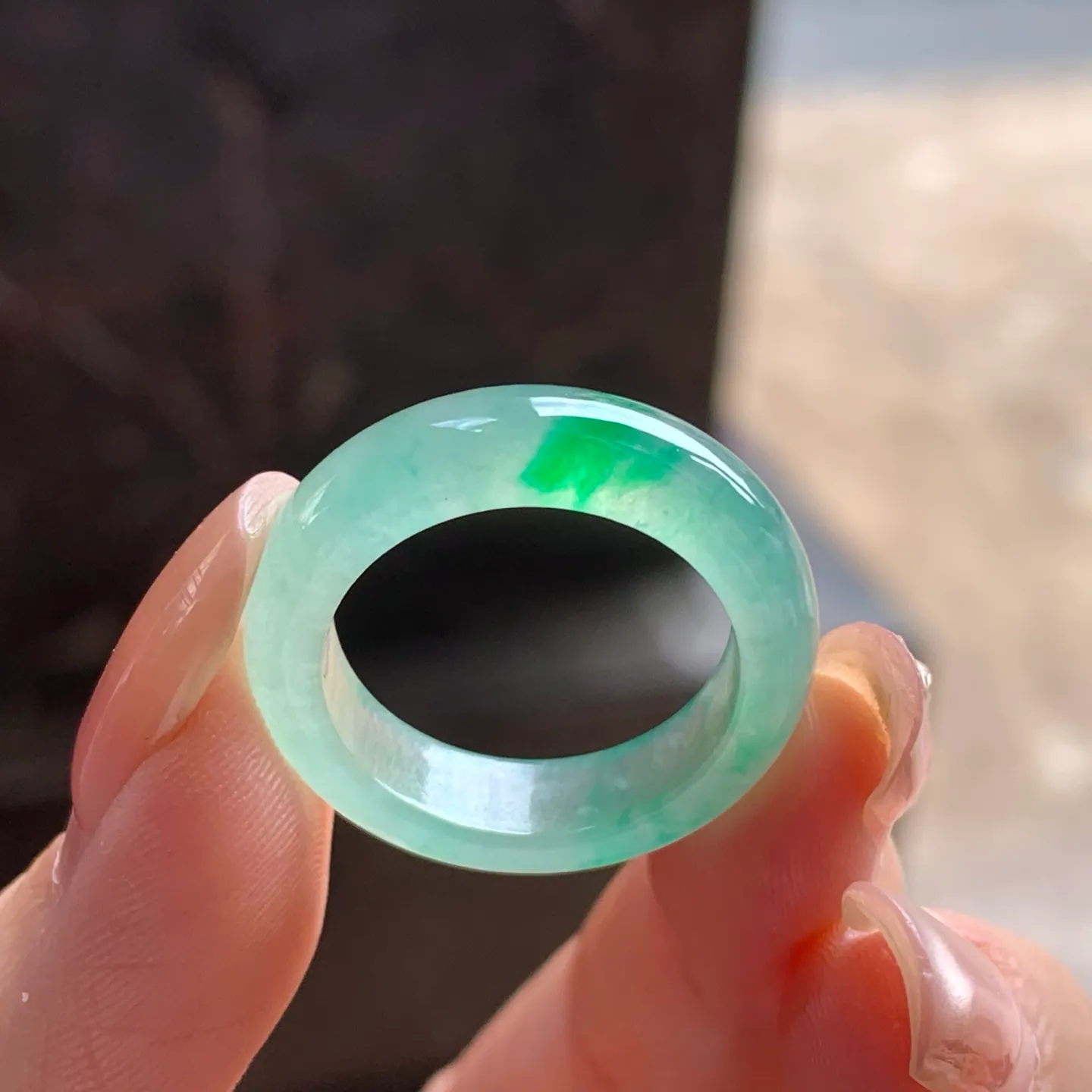 Type A Jadeite Band Ring, Icy Green Flower, 18.1mm (3)