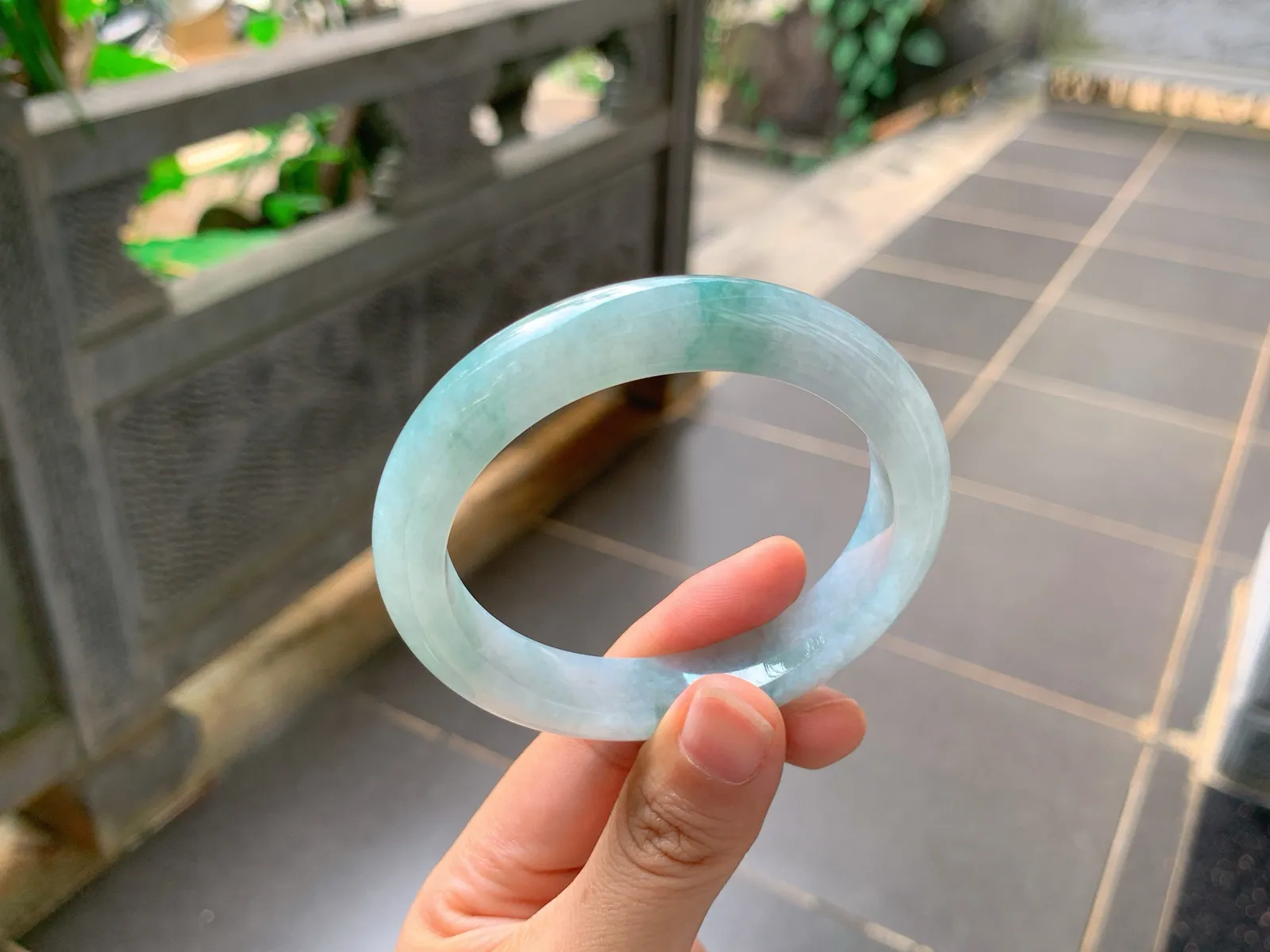 Type A Jadeite Ping'an Bangle, Icy Blue-Green Flower, 56mm (5)