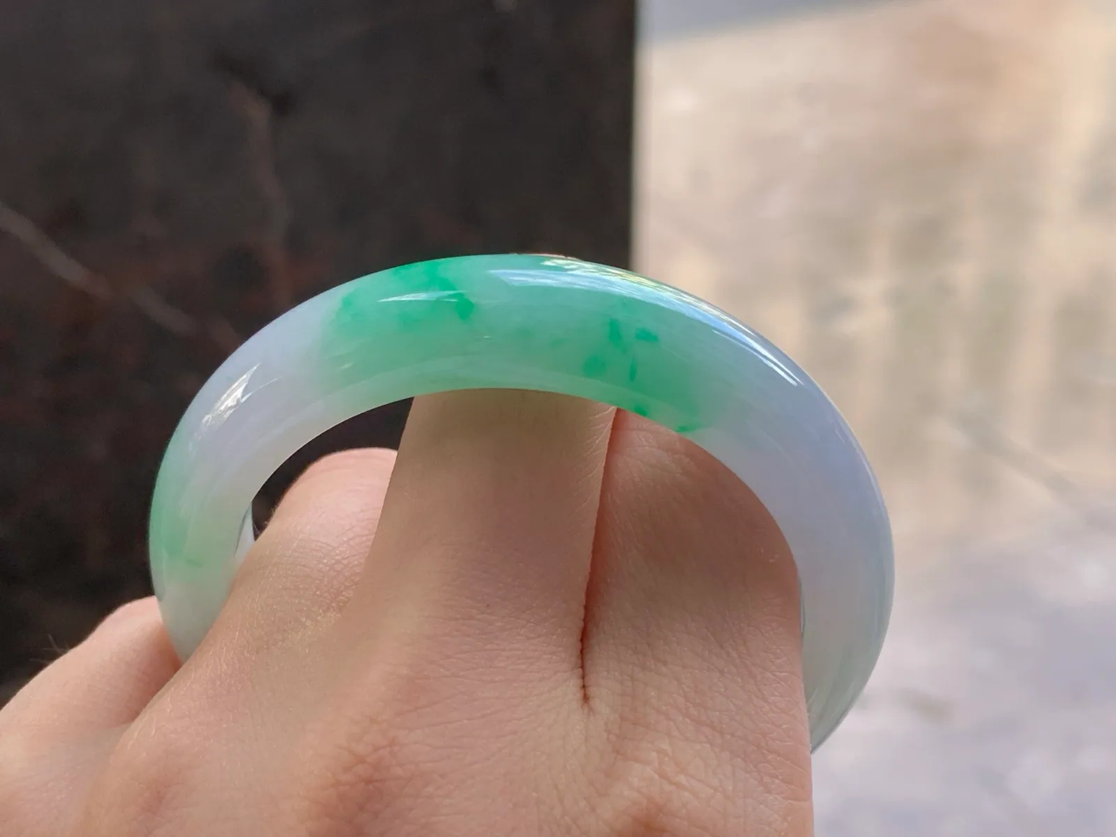 Type A Jadeite Flat Bangle, Glutinous White & Green, 51.4mm (8)