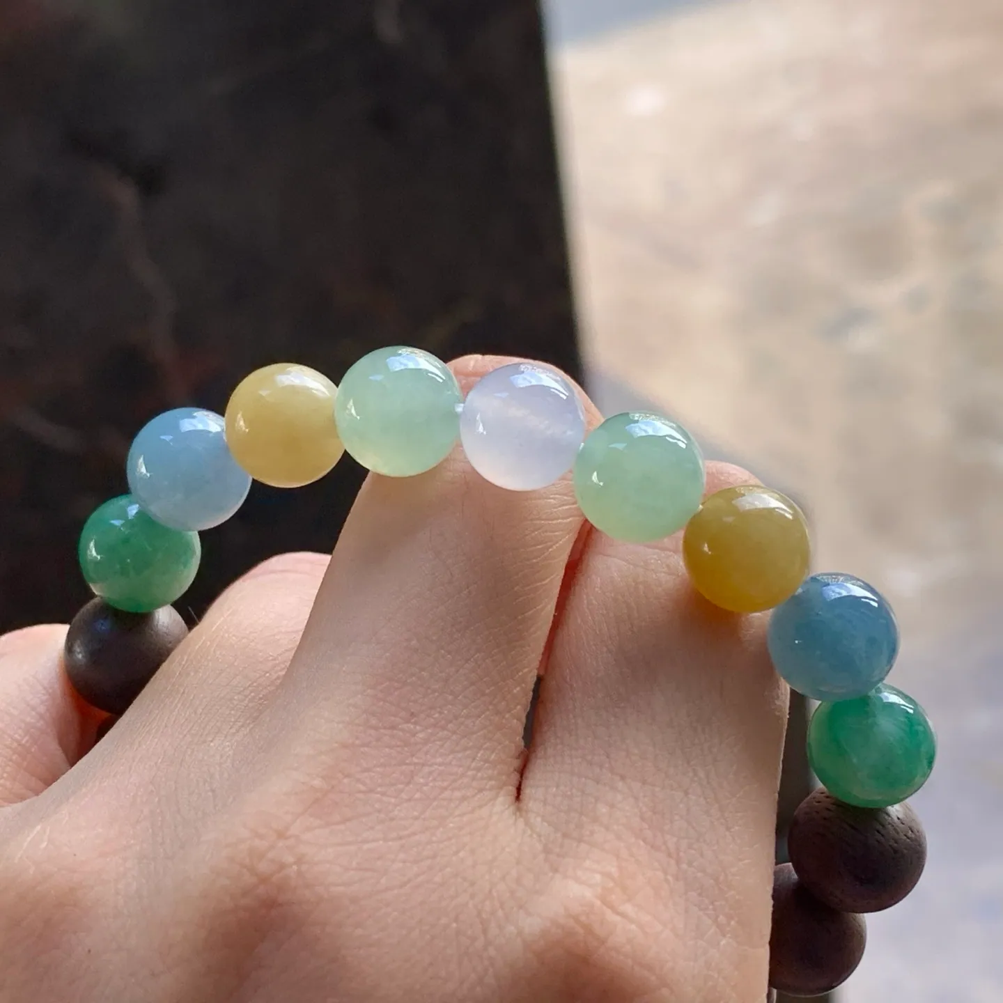 Type A Jadeite and Wood Bead Bracelet, Multicolor, 9.7mm (5)