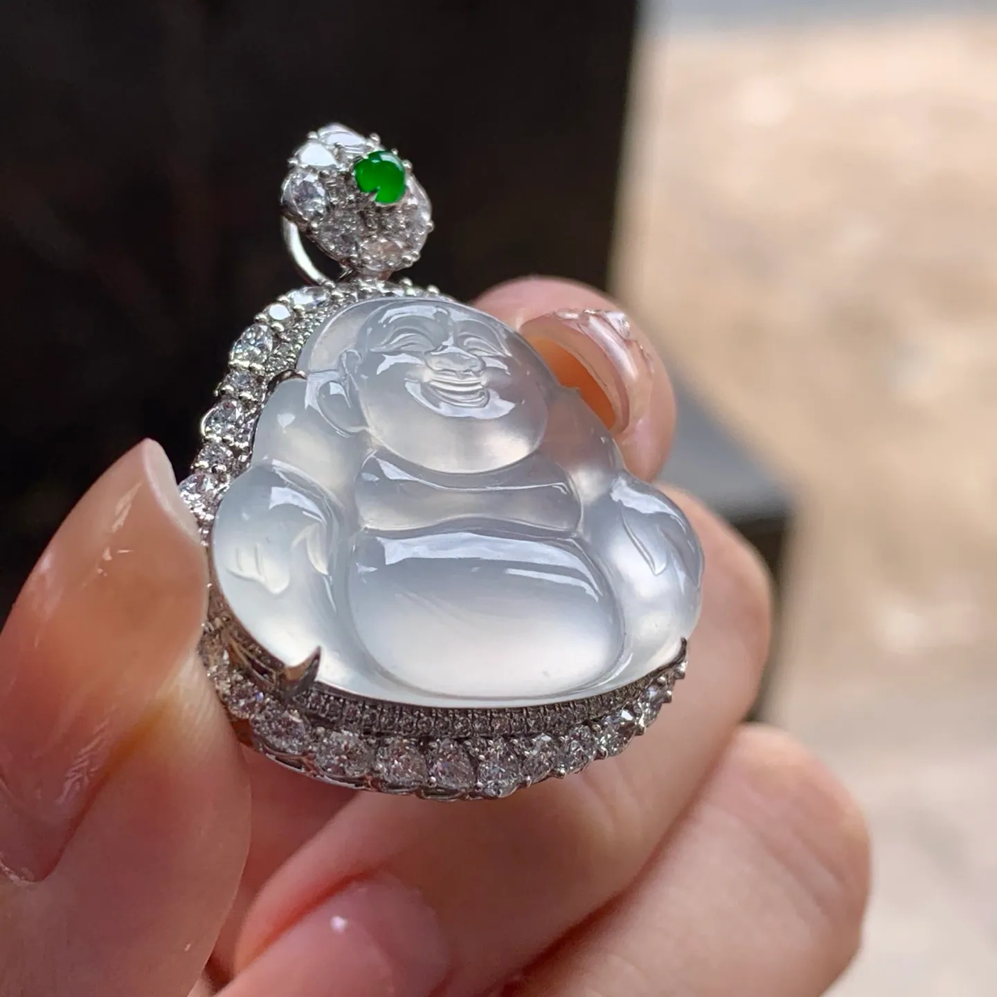 Type A Jadeite Laughing Buddha Pendant, Colorless, 18K Gold (6)