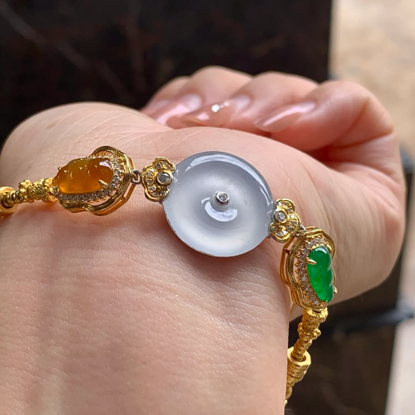 Type A Jadeite Gold Bracelet, Icy Safety Coin, Multicolor (5)