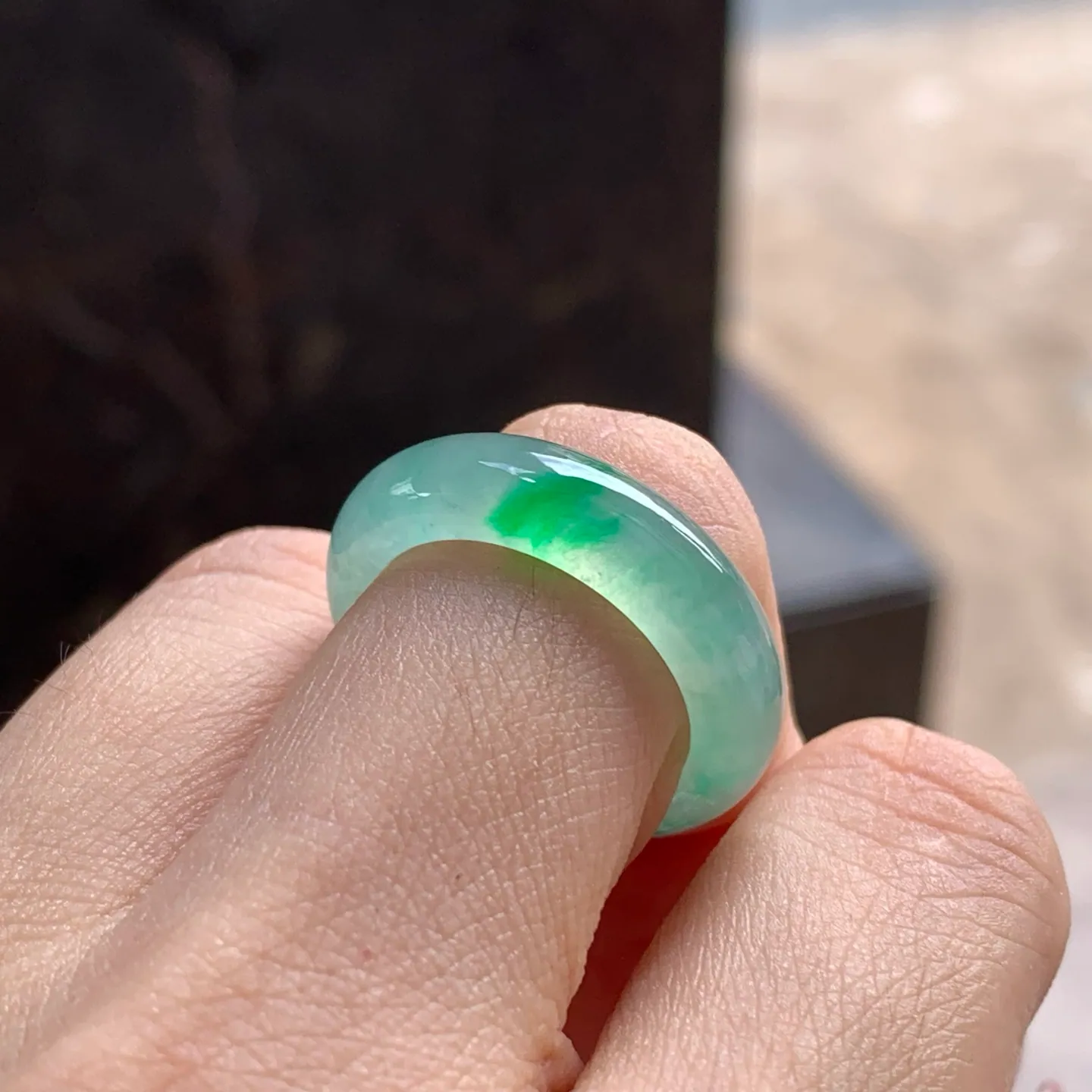 Type A Jadeite Band Ring, Icy Green Flower, 18.1mm (6)