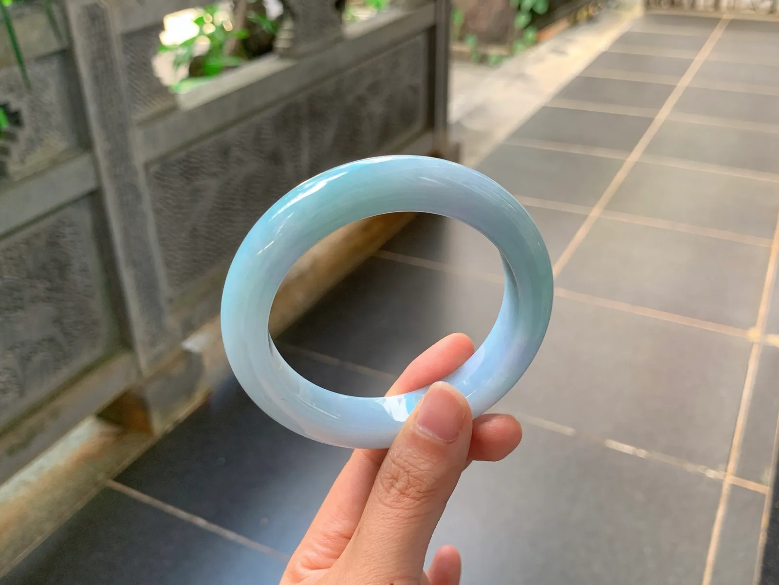 Type A Jadeite Round Bangle, Icy-Glutinous Misty Blue, 60mm (3)