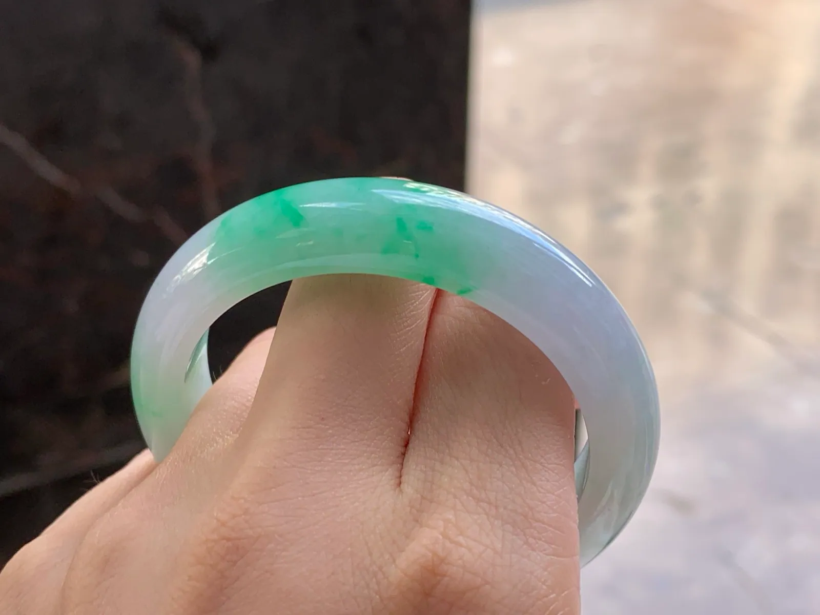 Type A Jadeite Flat Bangle, Glutinous White & Green, 51.4mm (10)