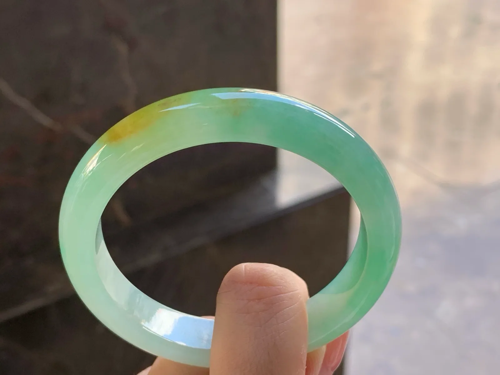 天然A货翡翠 糯冰种 晴绿黄翡 正装手镯 圈口54.2mm (6)