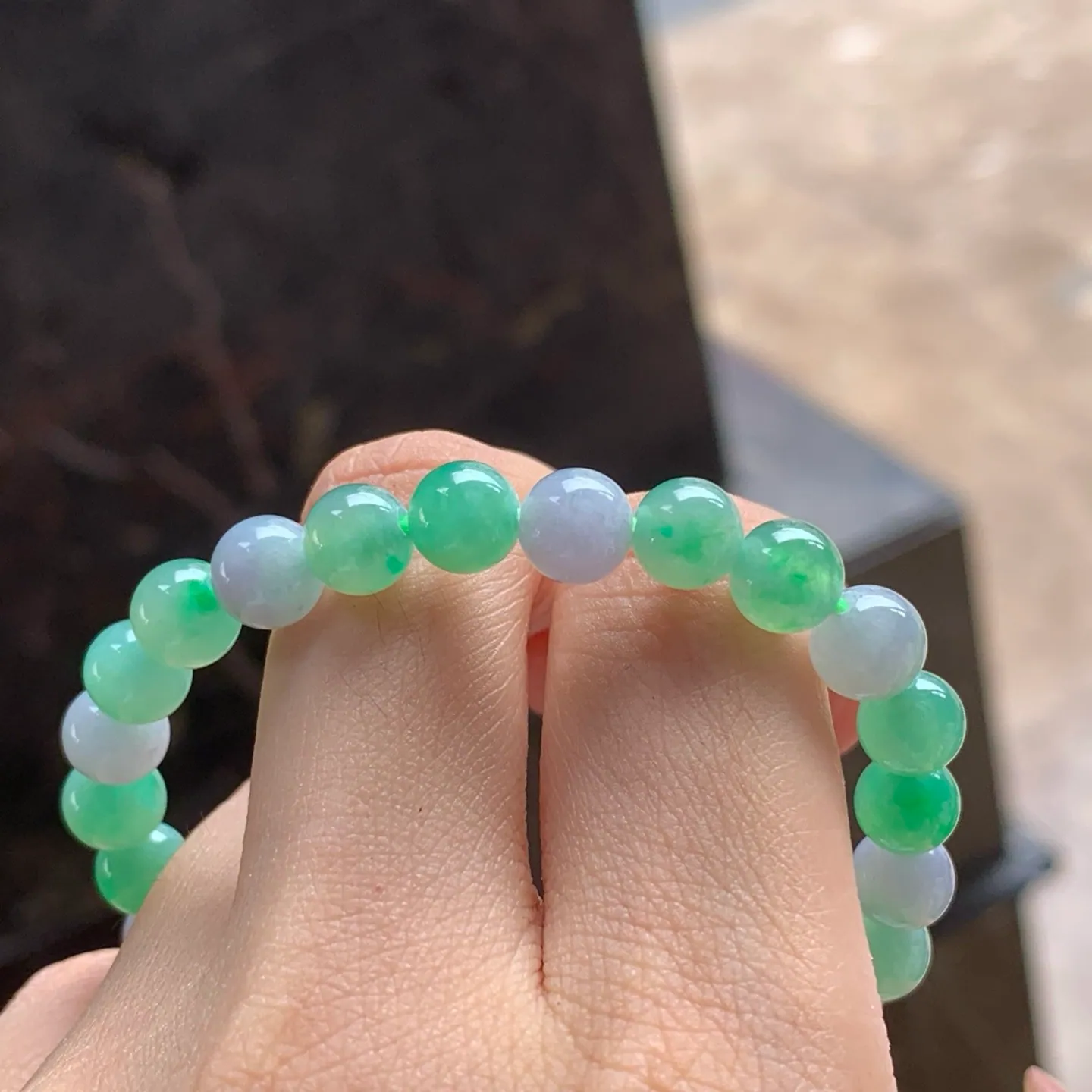 Type A Jadeite Bead Bracelet, Green & Lavender, 7.1mm (6)