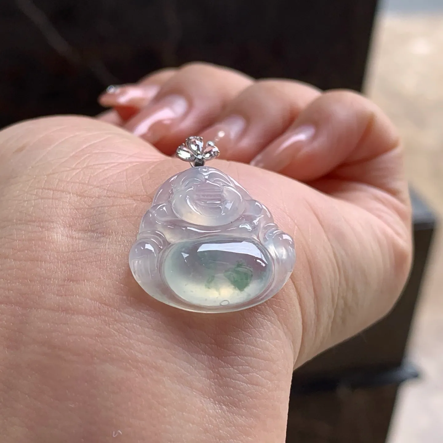 Type A Jadeite Buddha Pendant, Icy Floating Flower, 18K Bail
