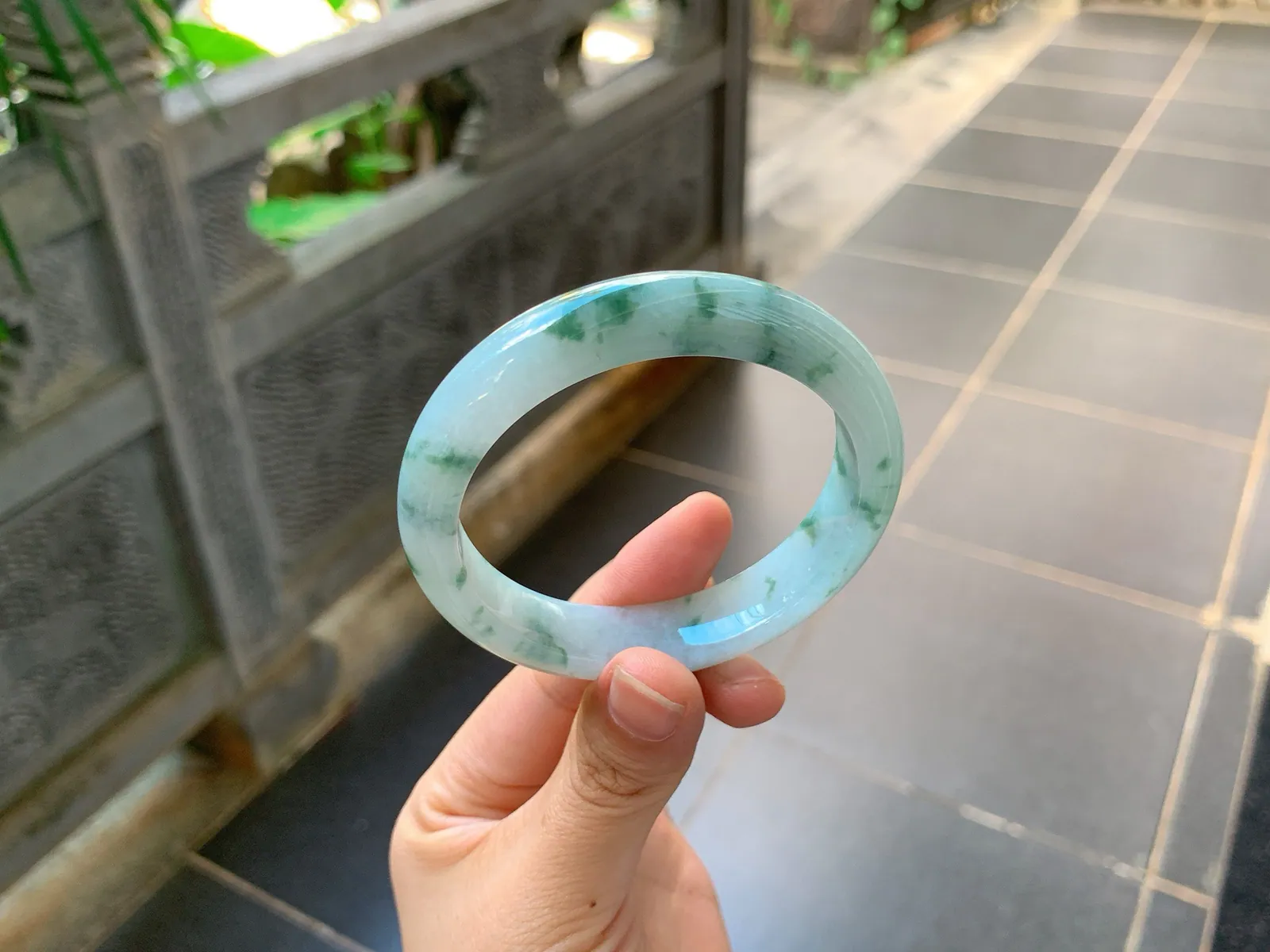 Type A Jadeite Ping'an Bangle, Blue with Green Flower, 56mm (3)