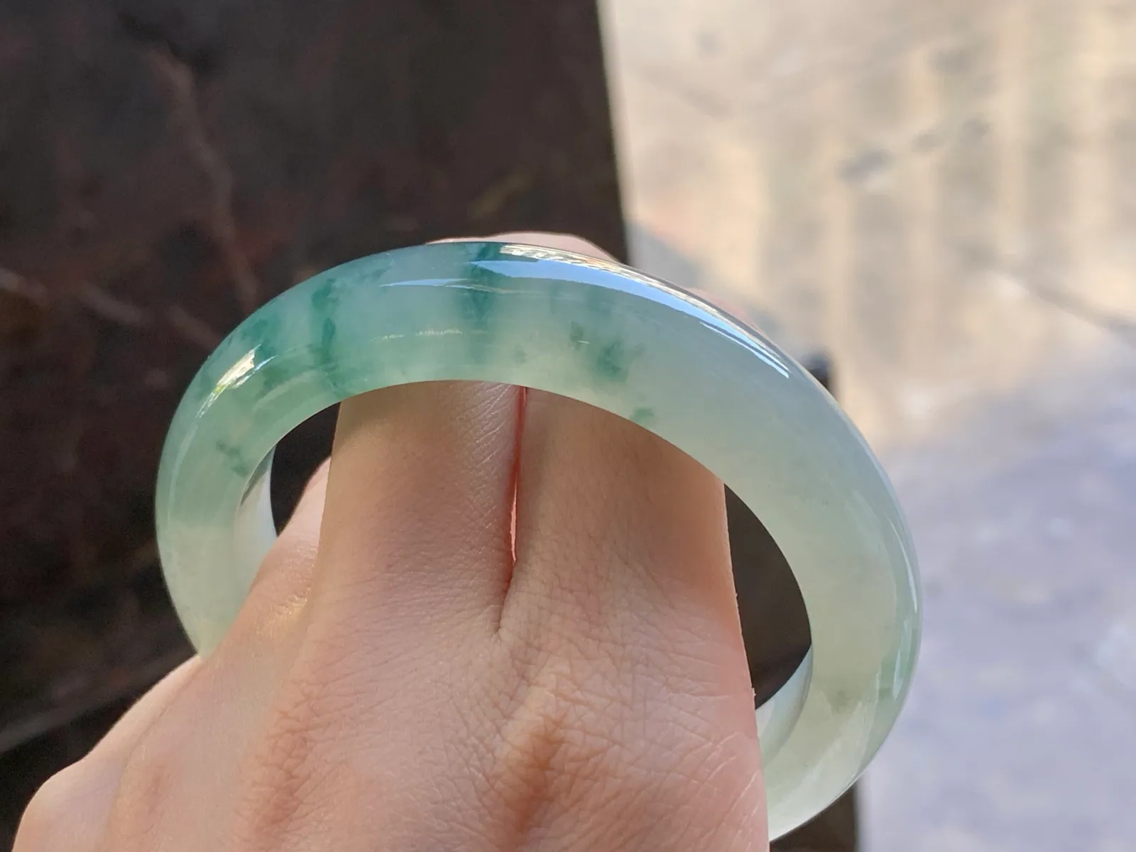 Type A Jadeite Flat Bangle, Icy Blue-Green Flower, 57.3mm (10)