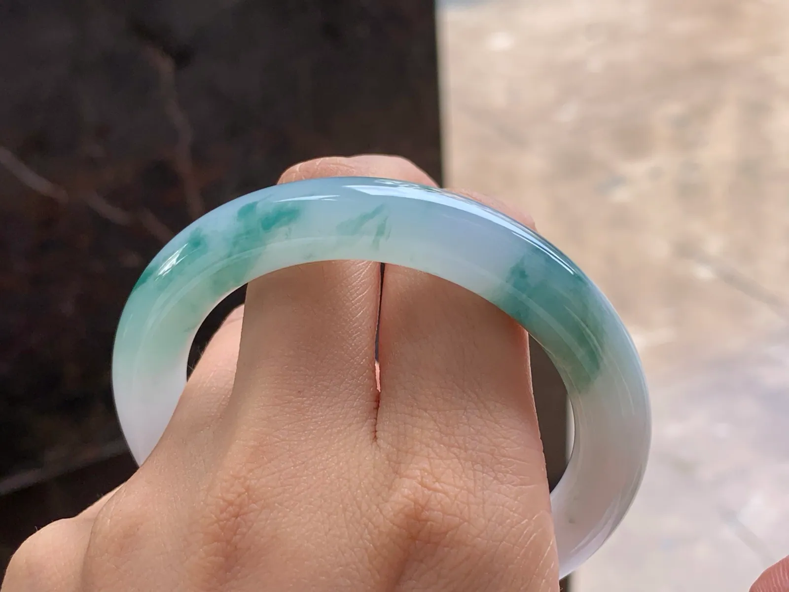 Type A Jadeite Round Bangle, Blue-Green Flower, 54.5mm (9)