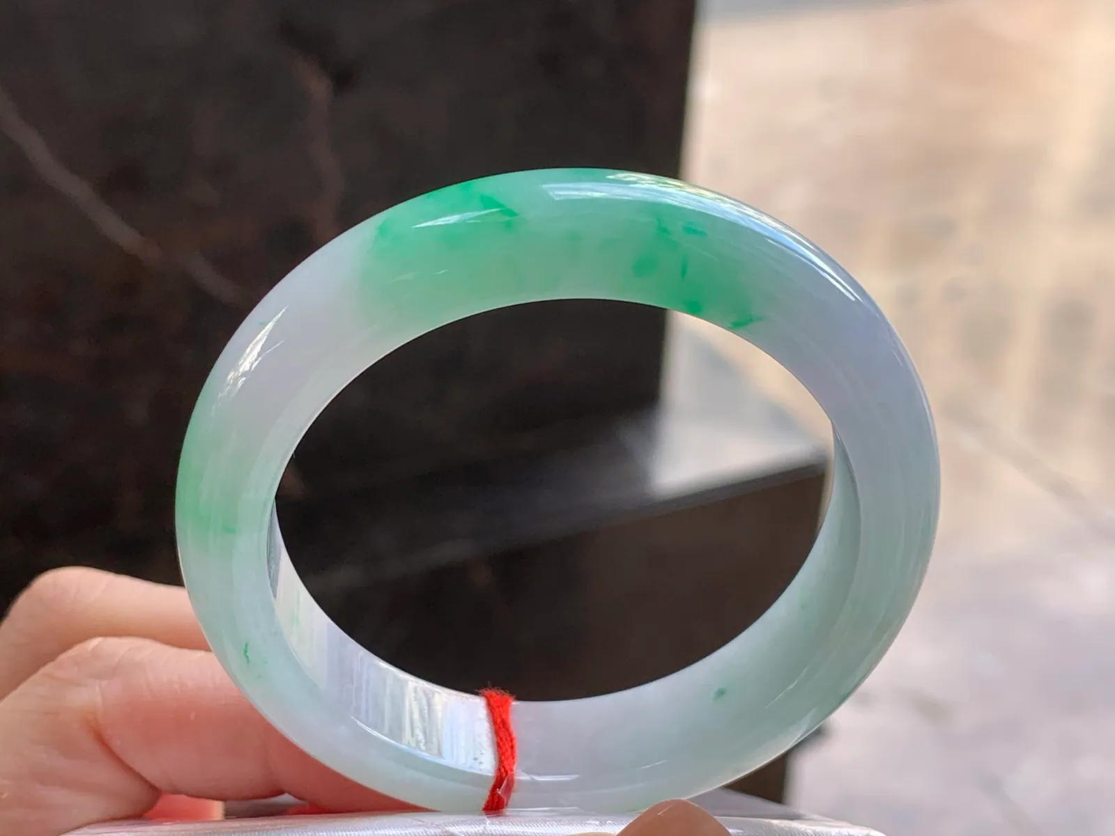 Type A Jadeite Flat Bangle, Glutinous White & Green, 51.4mm
