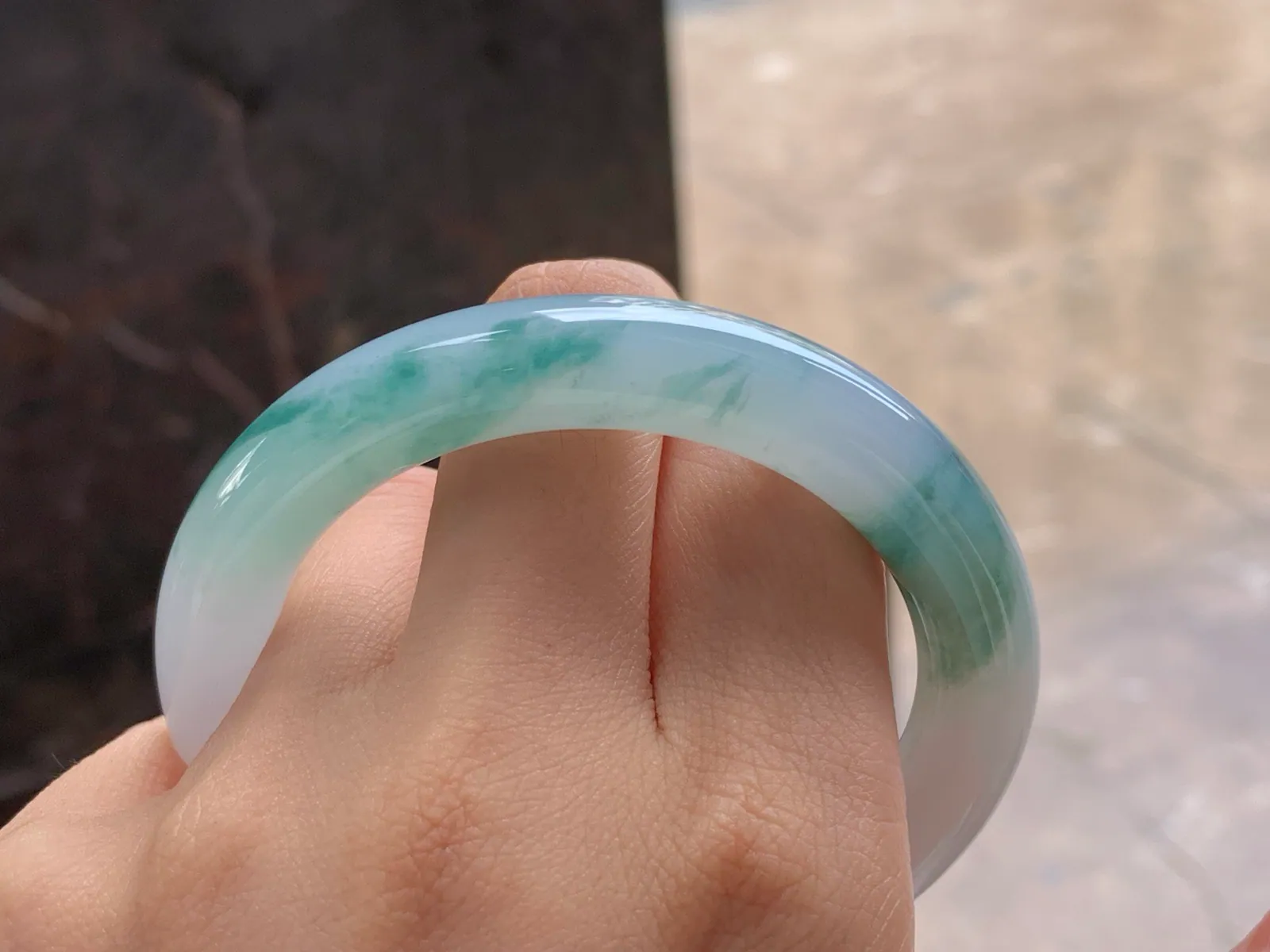 Type A Jadeite Round Bangle, Blue-Green Flower, 54.5mm (8)