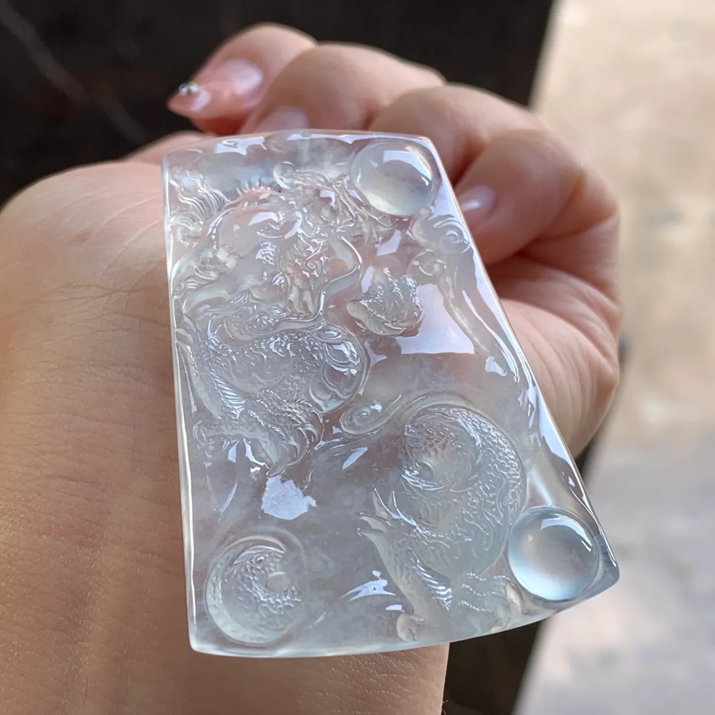 Type A Jadeite Dragon Plaque Pendant, Icy Clear, 57mm