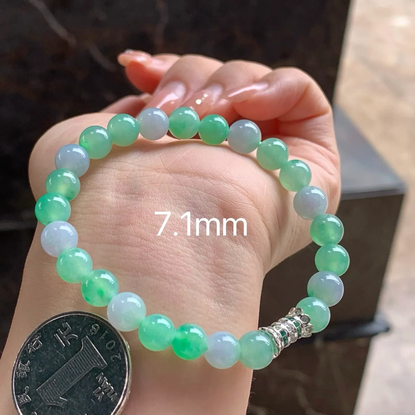 Type A Jadeite Bead Bracelet, Green & Lavender, 7.1mm