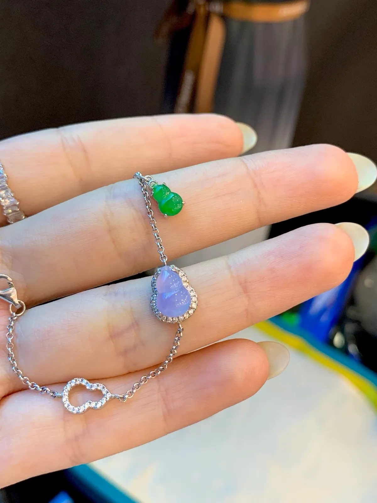 Type A Jadeite Gourd Bracelet, High Icy Lavender, 925 Silver