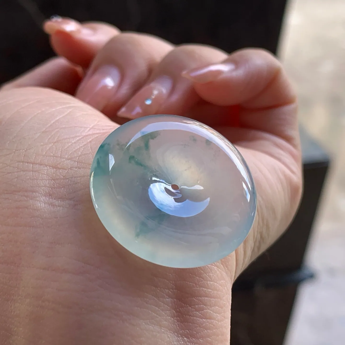 Type A Jadeite Ping An Kou, Icy, Blue Flowers, 29.1mm