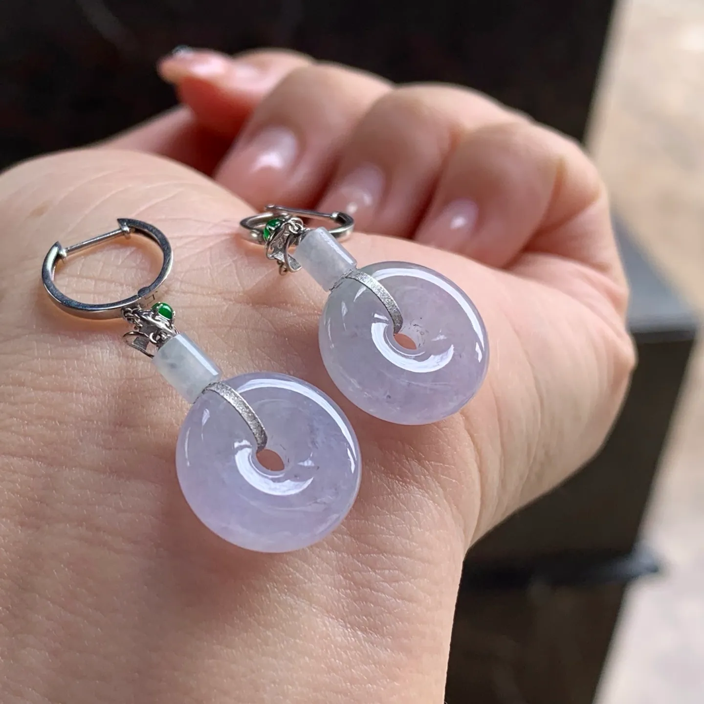 Type A Jadeite Safety Coin Drop Earrings, Pale Lavender (3)