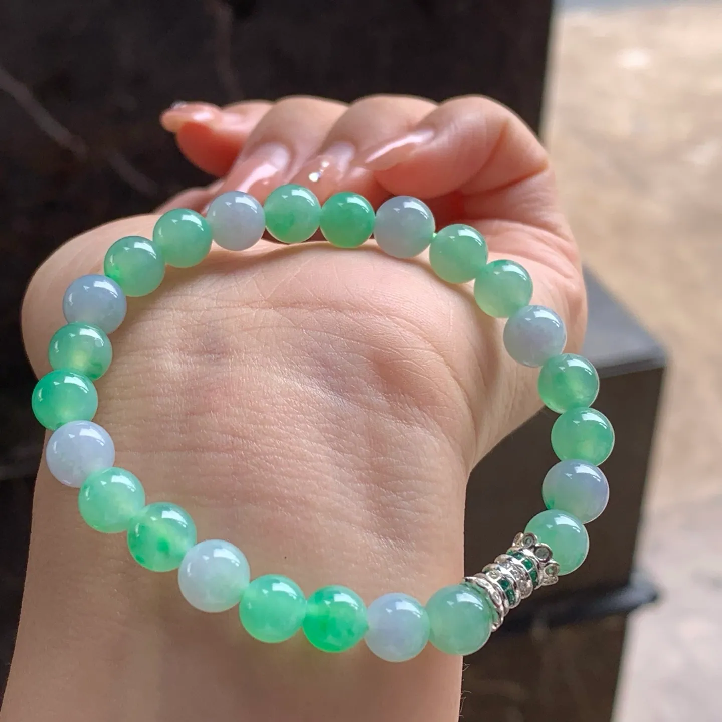 Type A Jadeite Bead Bracelet, Green & Lavender, 7.1mm (4)