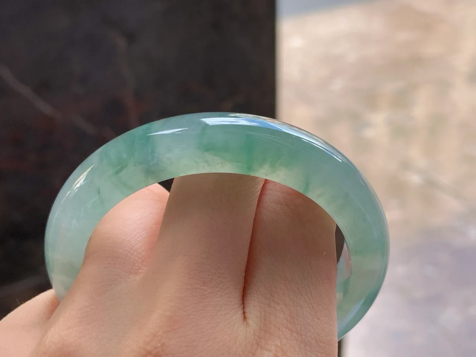 Type A Jadeite Flat Bangle, Icy Blue Flower, 56mm (8)