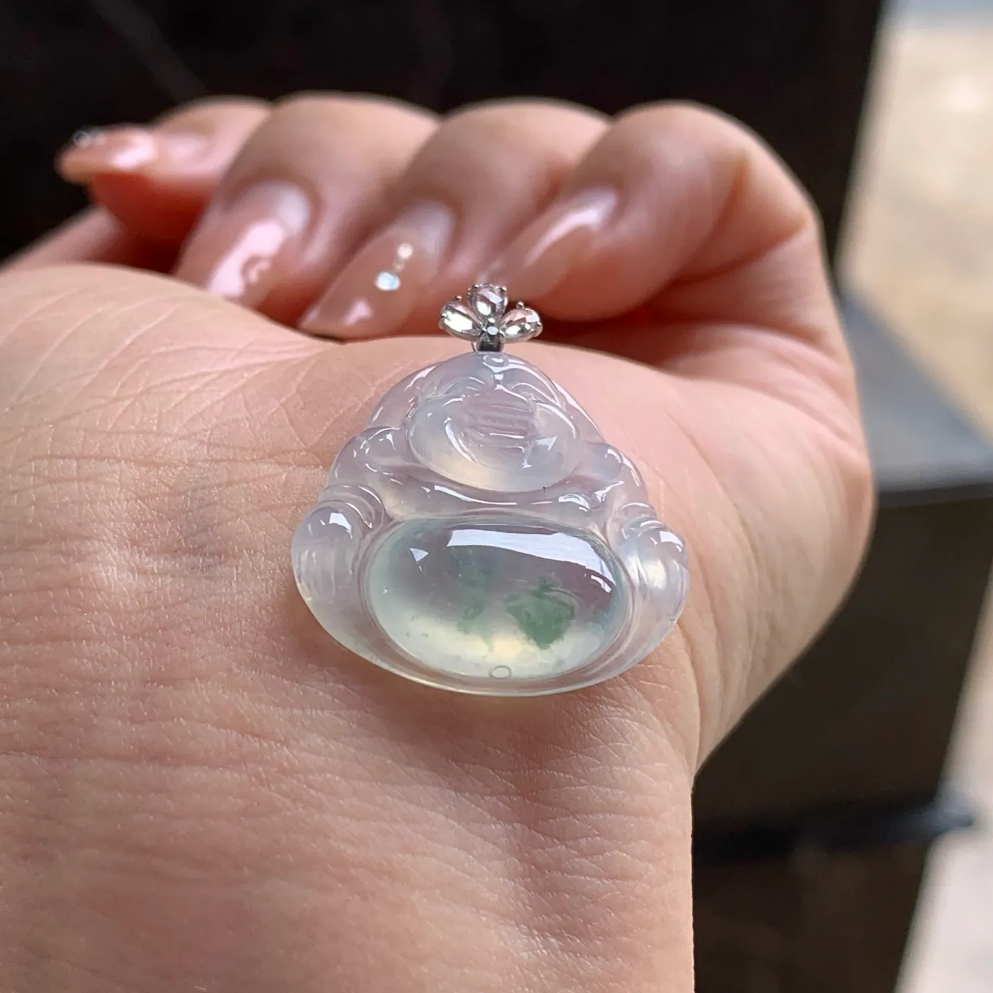 Type A Jadeite Buddha Pendant, Icy Floating Flower, 18K Bail (4)